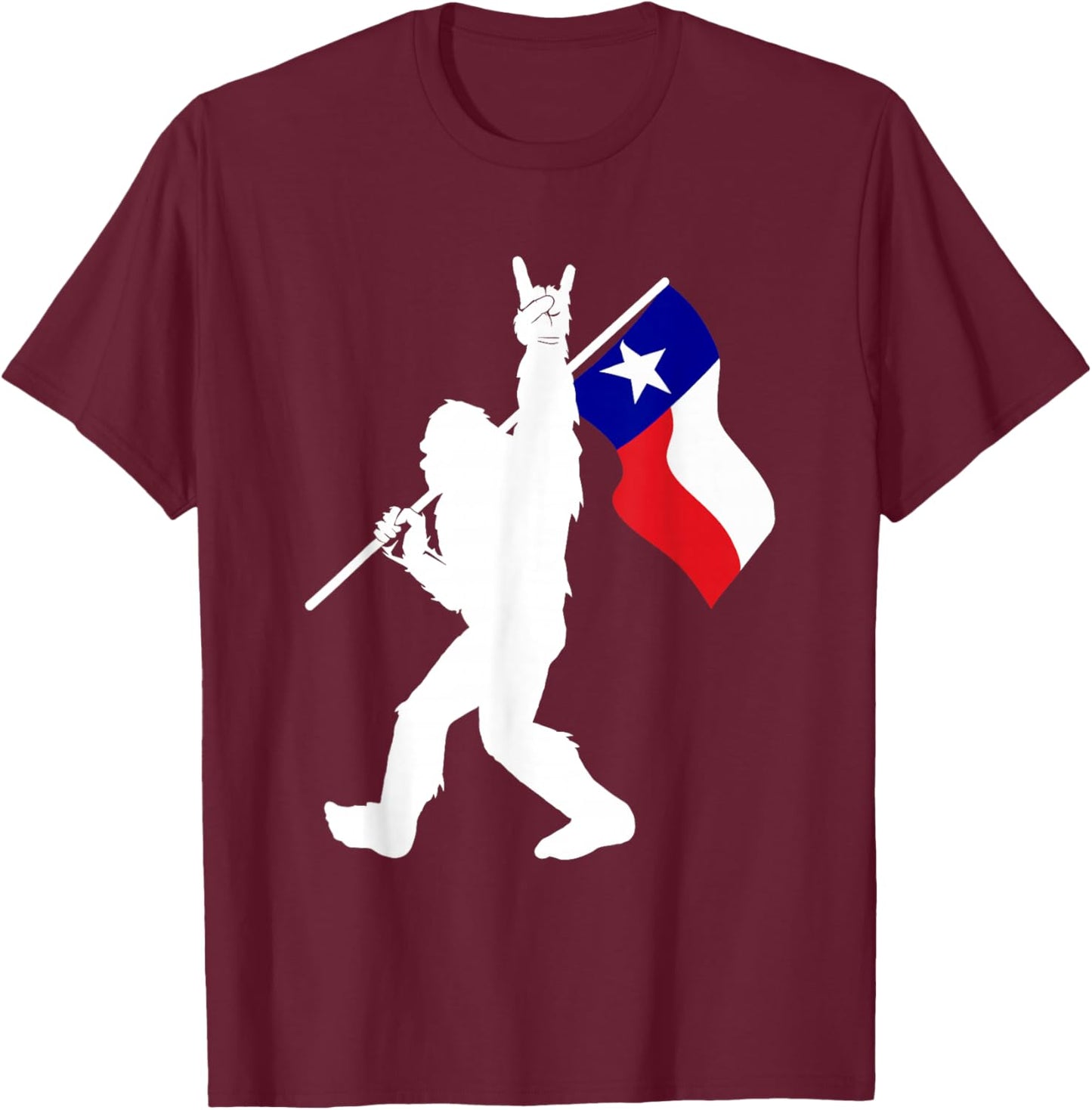 State of Texas Flag Bigfoot Rock On for Sasquatch Hunter T-Shirt - T-Shirt | Maroon