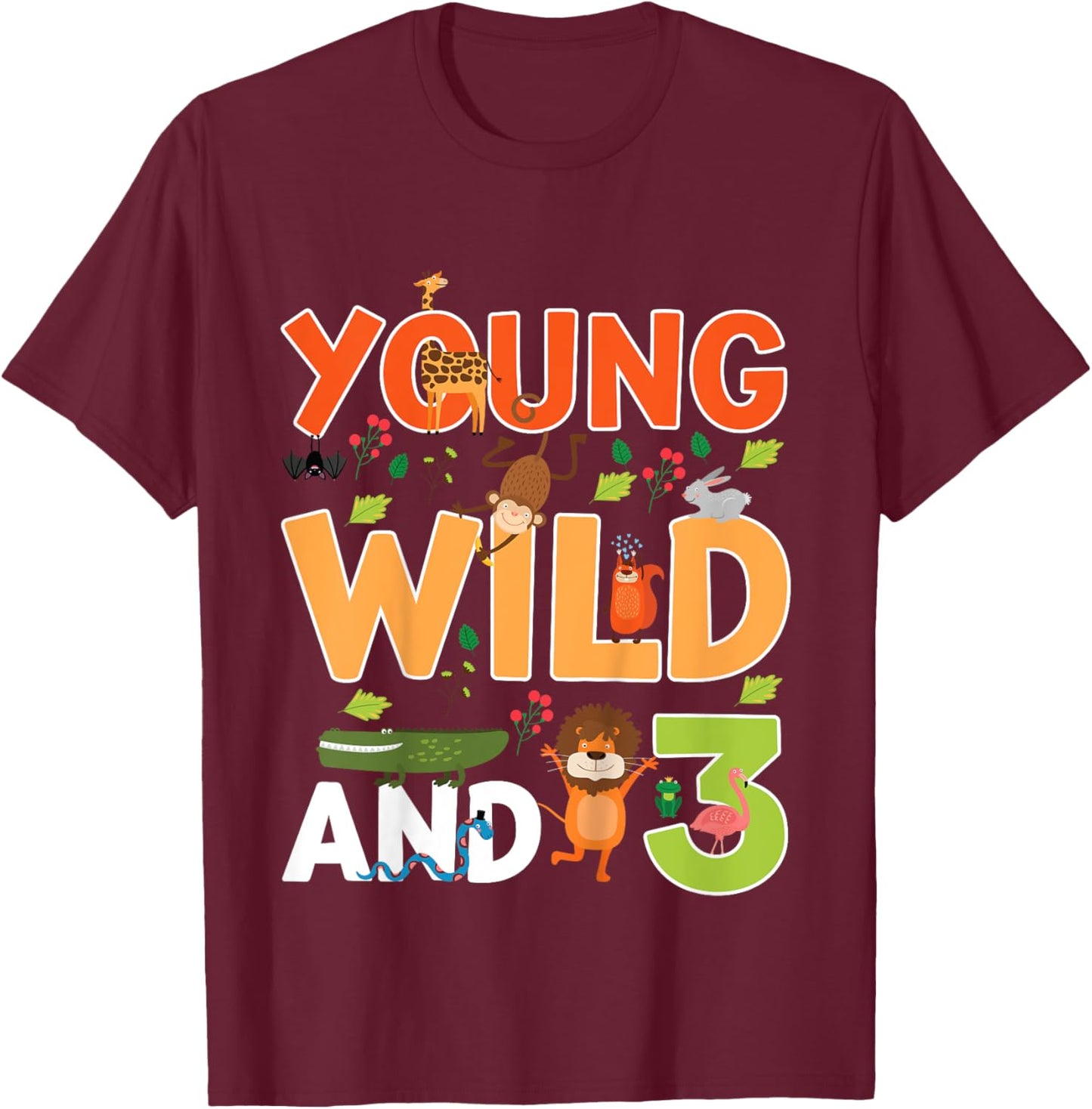 Kids 3 year old wild zoo theme birthday animals safari jungle boy T-Shirt - T-Shirt | Maroon