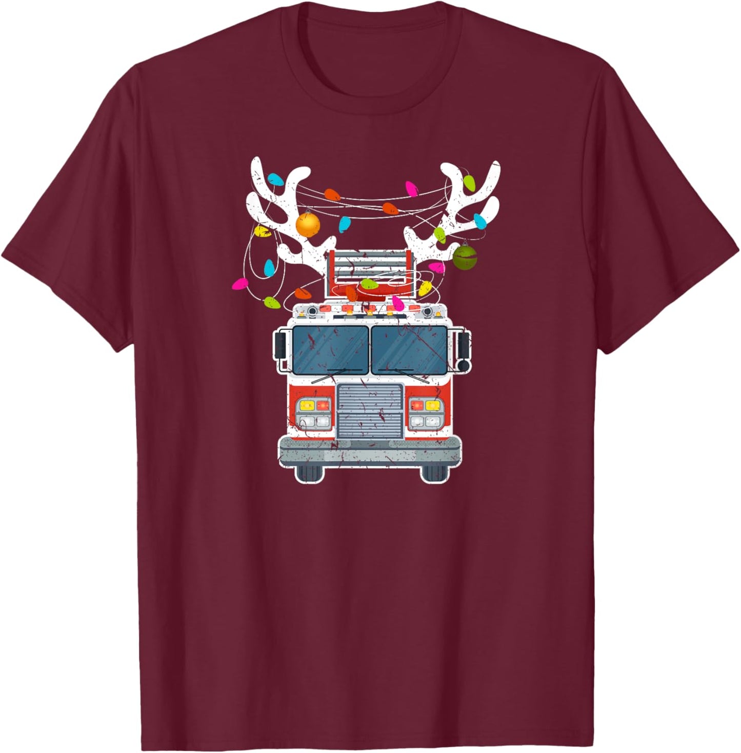 Xmas Fire Truck Reindeer Christmas Firefighter T-Shirt - T-Shirt | Maroon