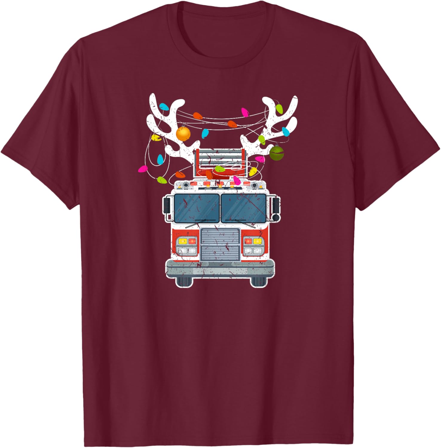 Xmas Fire Truck Reindeer Christmas Firefighter T-Shirt - T-Shirt | Maroon