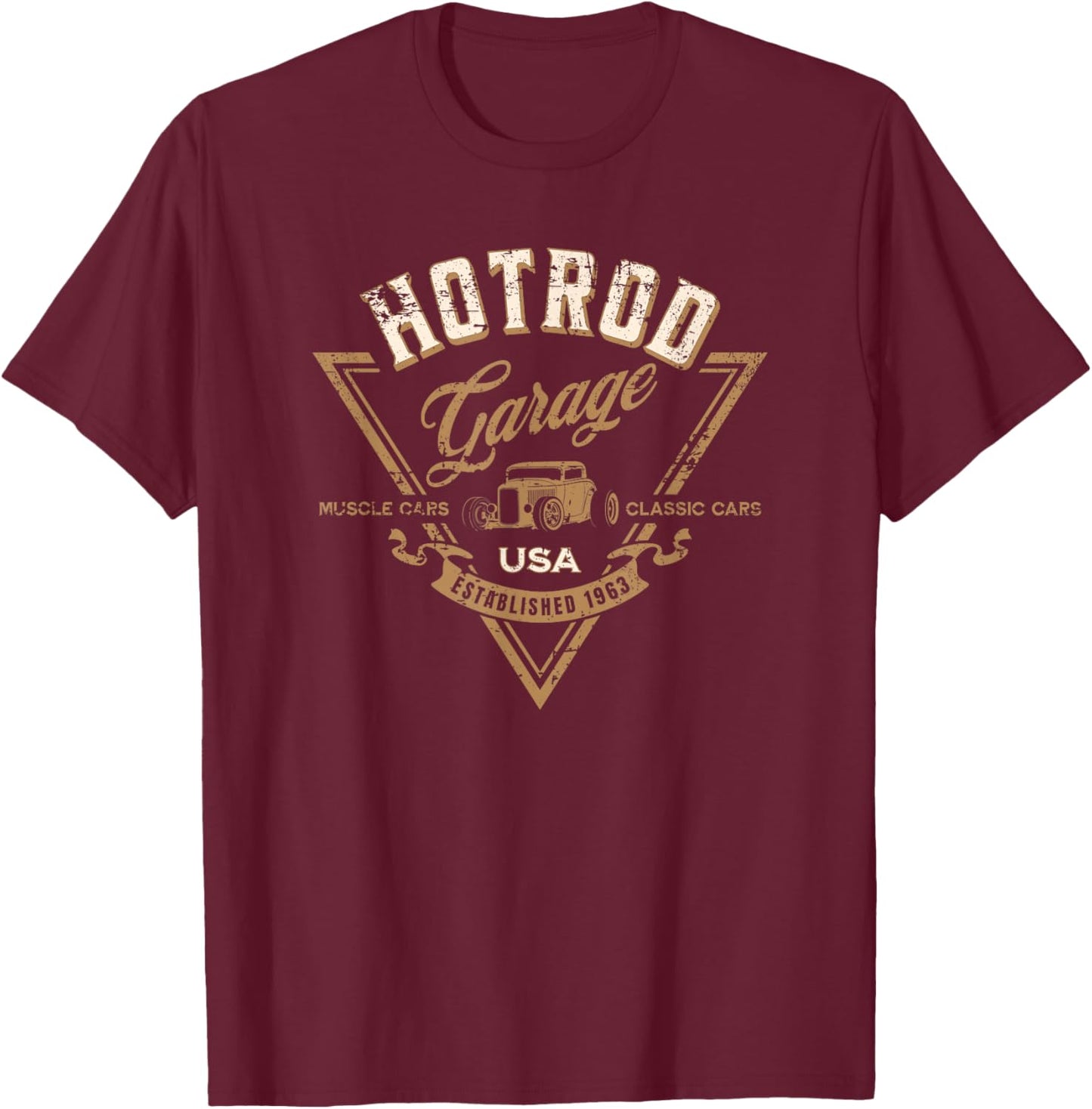 Hotrod Garage USA Classic Car Hotrod Distressed Design T-Shirt - T-Shirt | Maroon