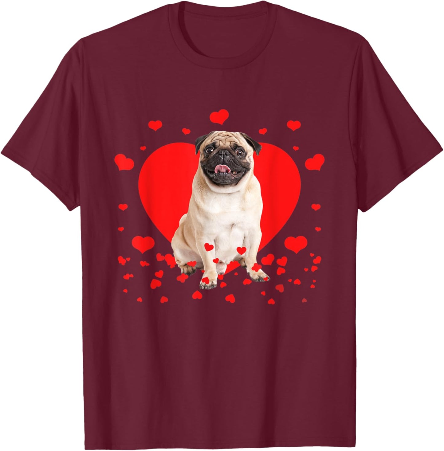 Retro Matching Valentine Day Heart Pug Dog Lover T-Shirt - T-Shirt | Maroon