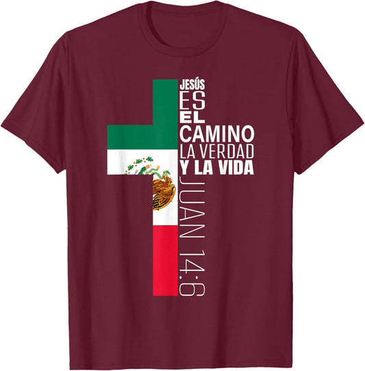 Jesus Christian Bible Verse Gifts Spanish Mexican Flag Cross T-Shirt - T-Shirt | Maroon