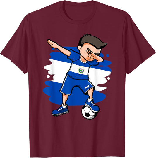 Dabbing Soccer Boy El Salvador Fans Jersey Salvadorian Flag T-Shirt - T-Shirt | Maroon