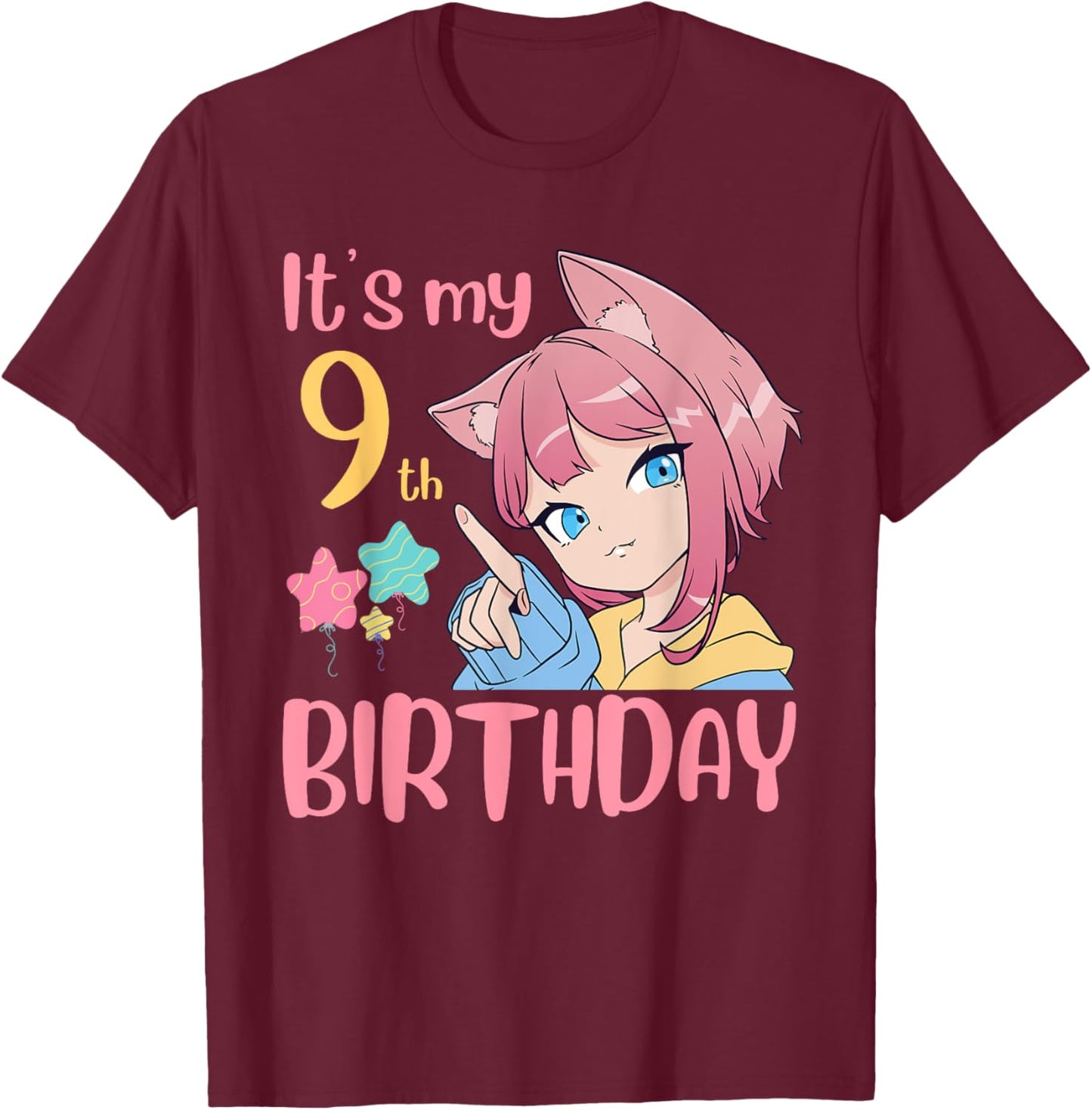It's My 9th Birthday Anime Birthday Girl 9 Years Old Bday T-Shirt - T-Shirt | Maroon