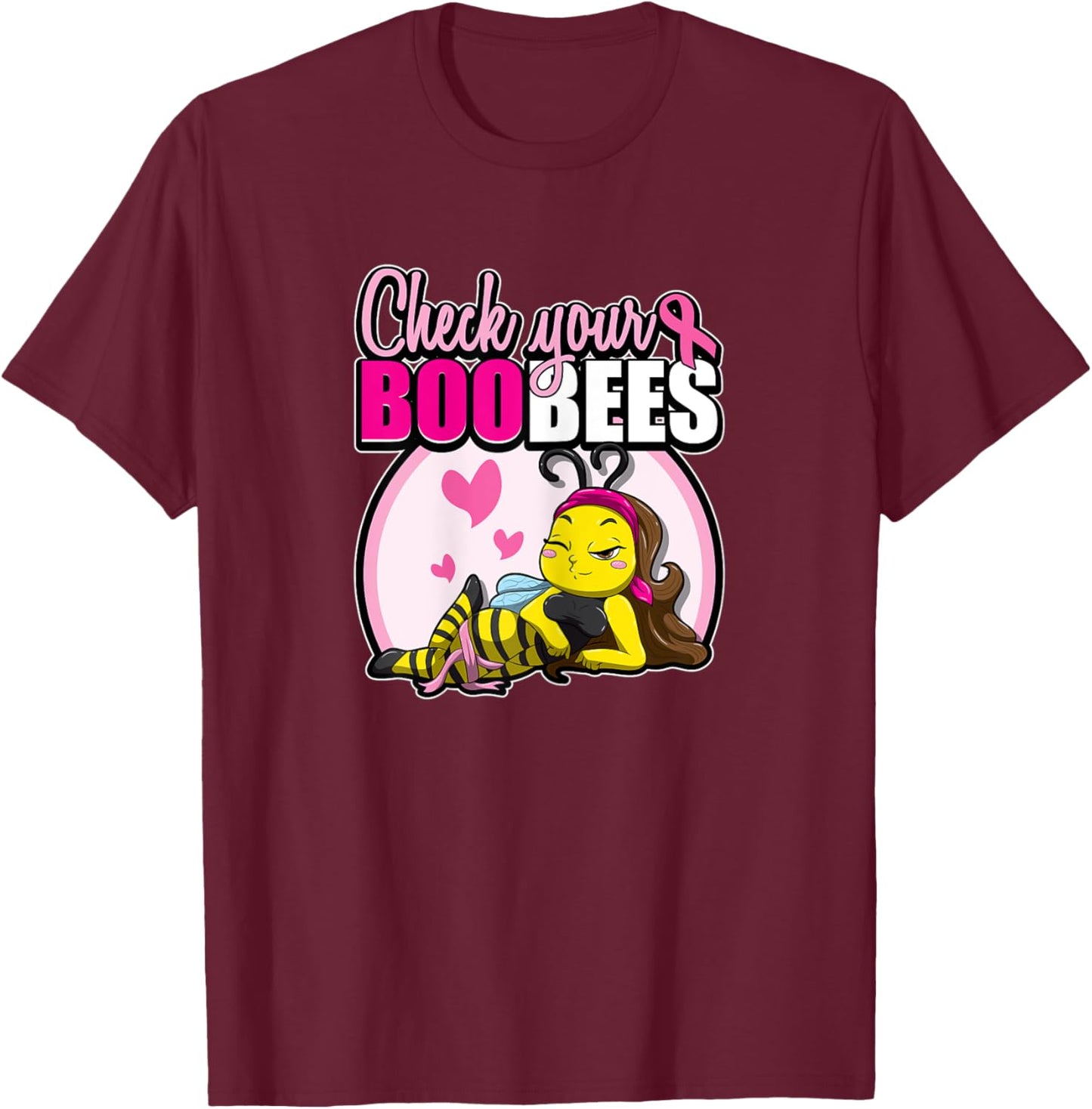 Breast Cancer Awareness Bee Pink Ribbon Check Your Boobees T-Shirt - T-Shirt | Maroon