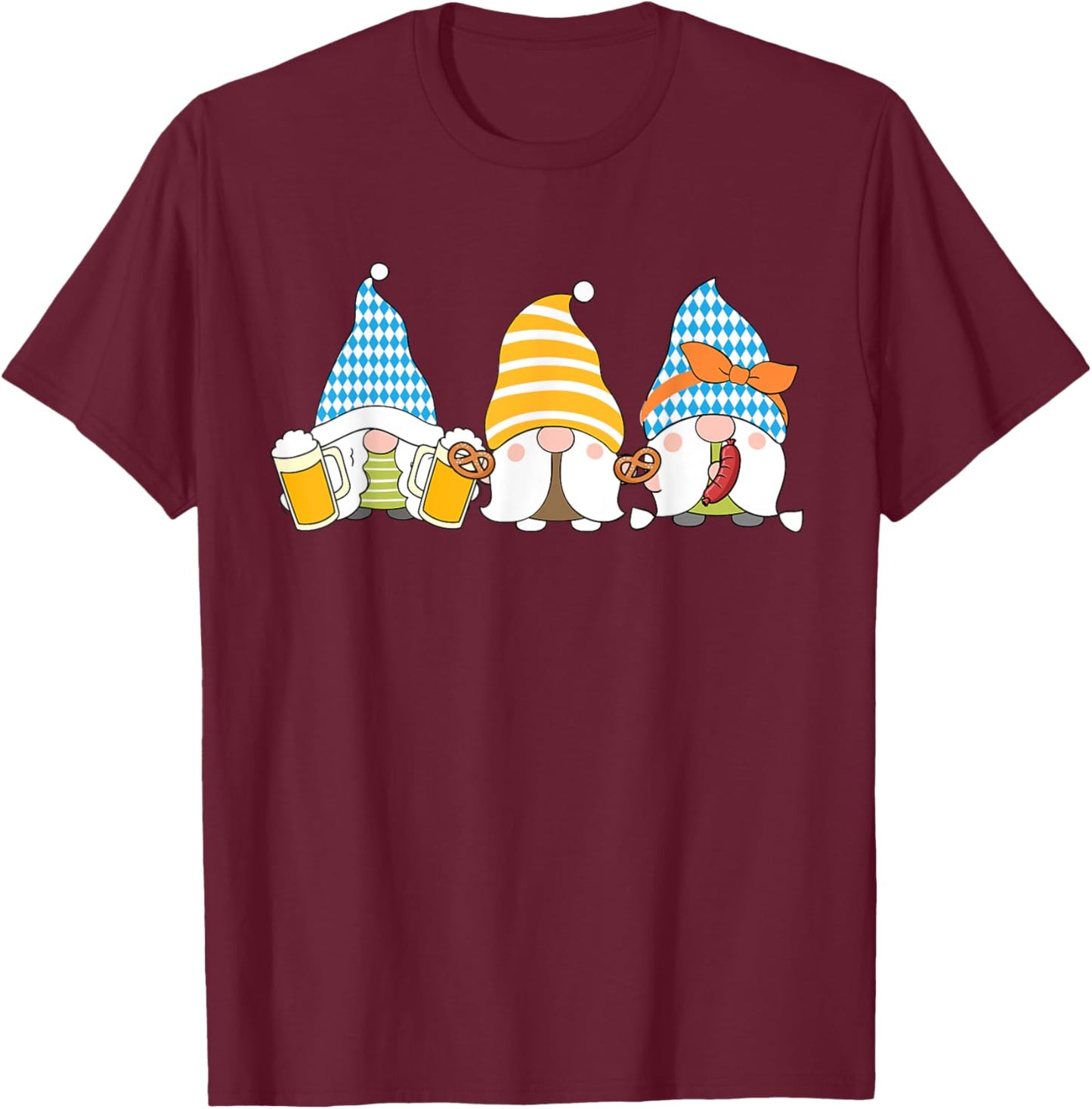 Gnomes Eating Oktoberfest Prfetzel Sausage Bratwurst German T-Shirt - T-Shirt | Maroon