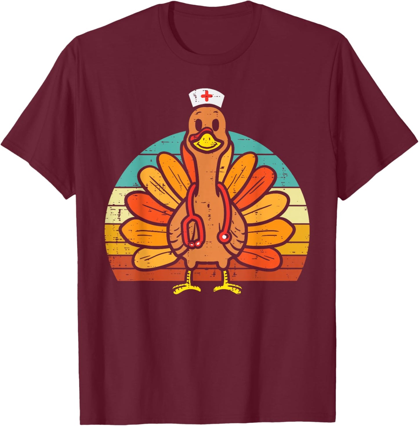 Turkey Nurse Stethoscope Thanksgiving Fall Scrub Top Women T-Shirt - T-Shirt | Maroon