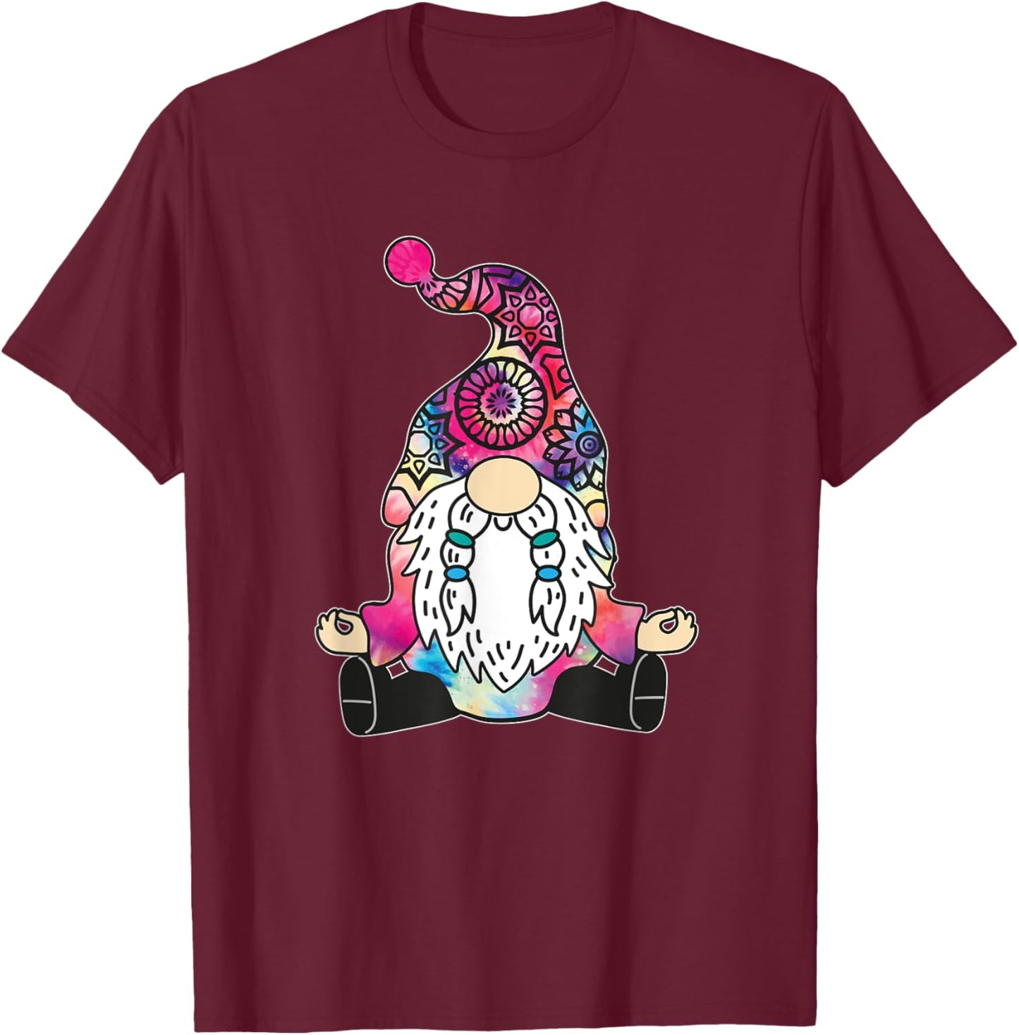 Cute Yoga Gnome Pilates Meditation Tie Dye Mandala Buddhist T-Shirt - T-Shirt | Maroon