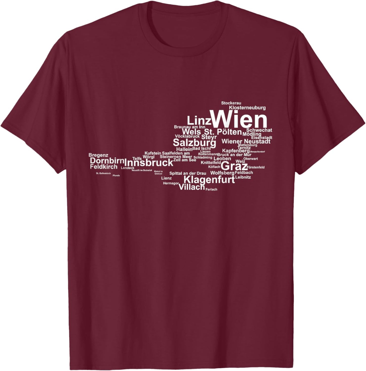 Austria Map Outline Silhouette Cities Holiday Travel Vienna T-Shirt - T-Shirt | Maroon