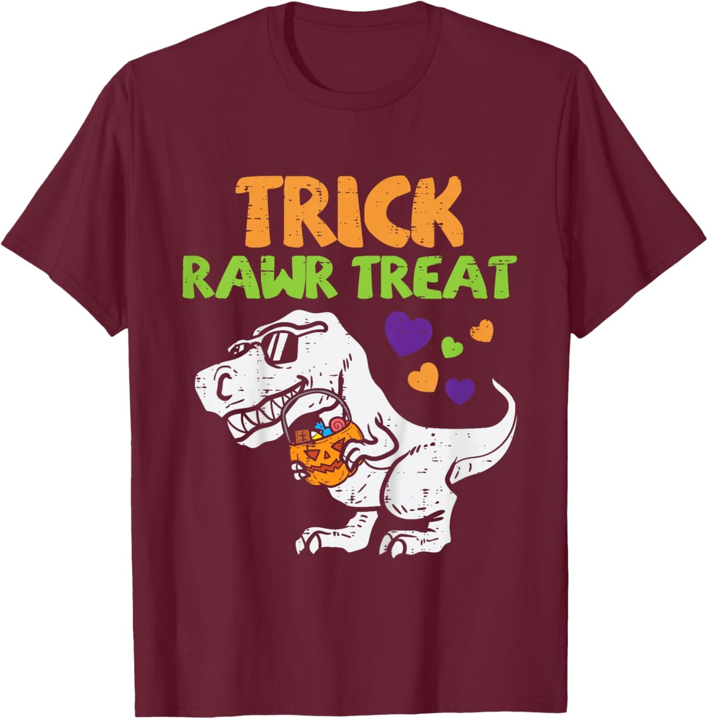 Kids Trick Rawr Treat Dinosaur Trex Toddler Boys Halloween Kids T-Shirt - T-Shirt | Maroon