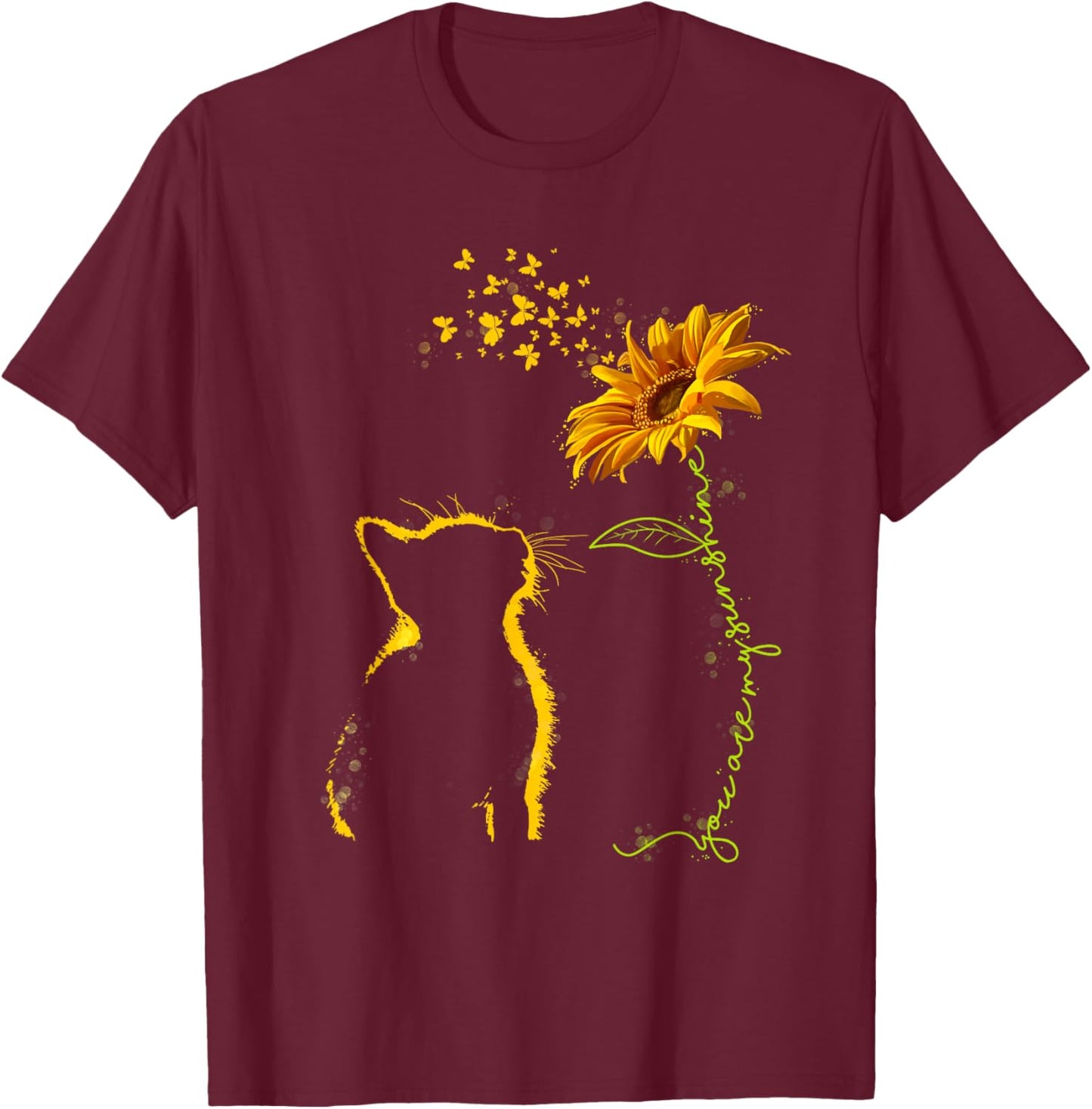 Sitting Yellow Kitten Sunflower Fragrance Butterfly T-Shirt - T-Shirt | Maroon