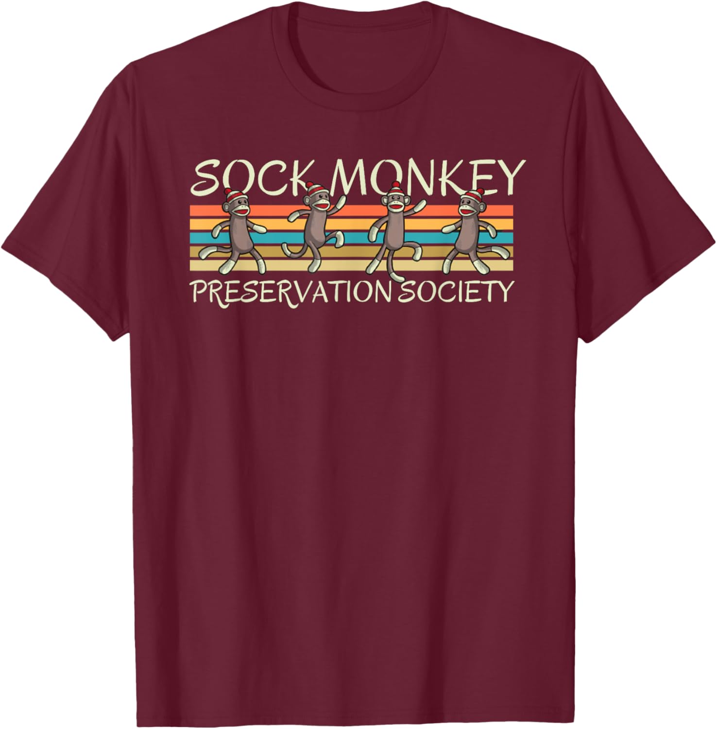 Sock Monkey Preservation Society Retro Vintage Stripes T-Shirt - T-Shirt | Maroon