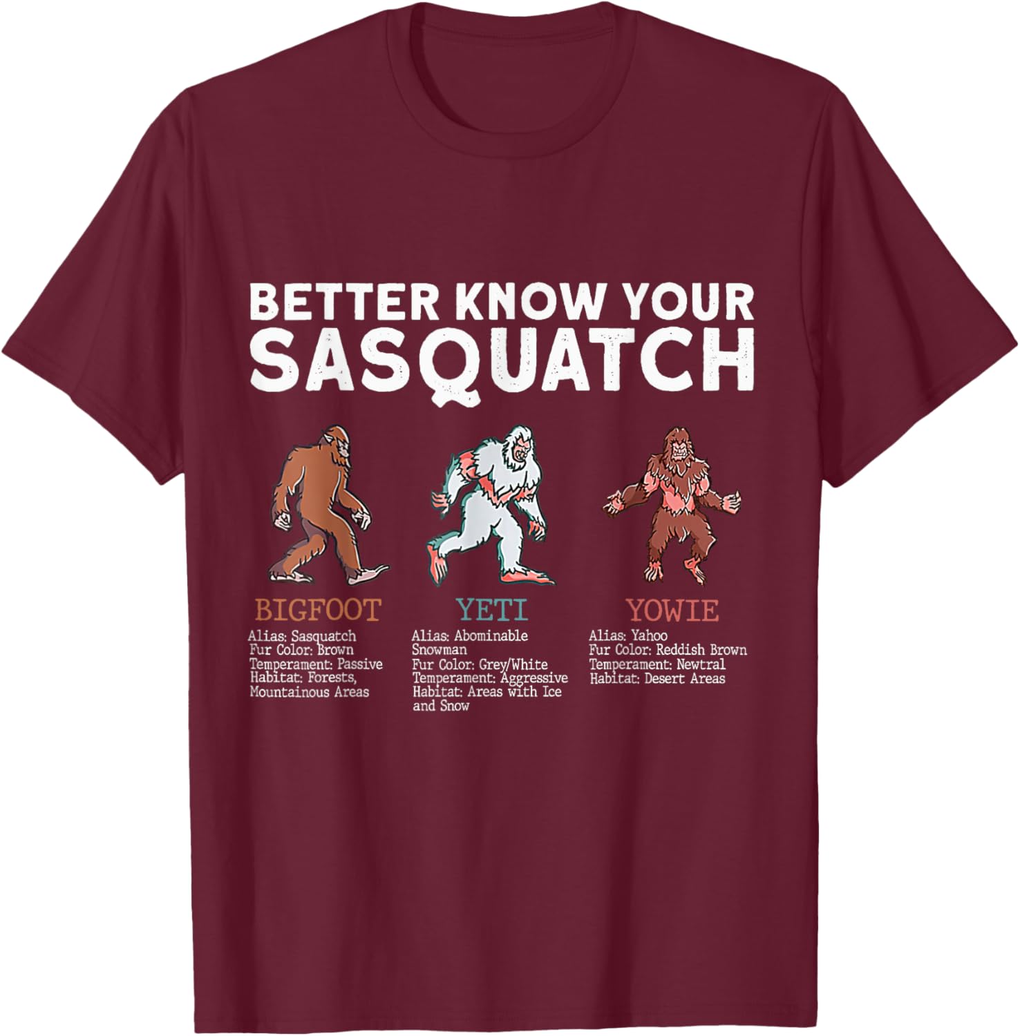 Better Know Your Sasquatch Bigfoot Yeti Yowie Funny T-Shirt - T-Shirt | Maroon