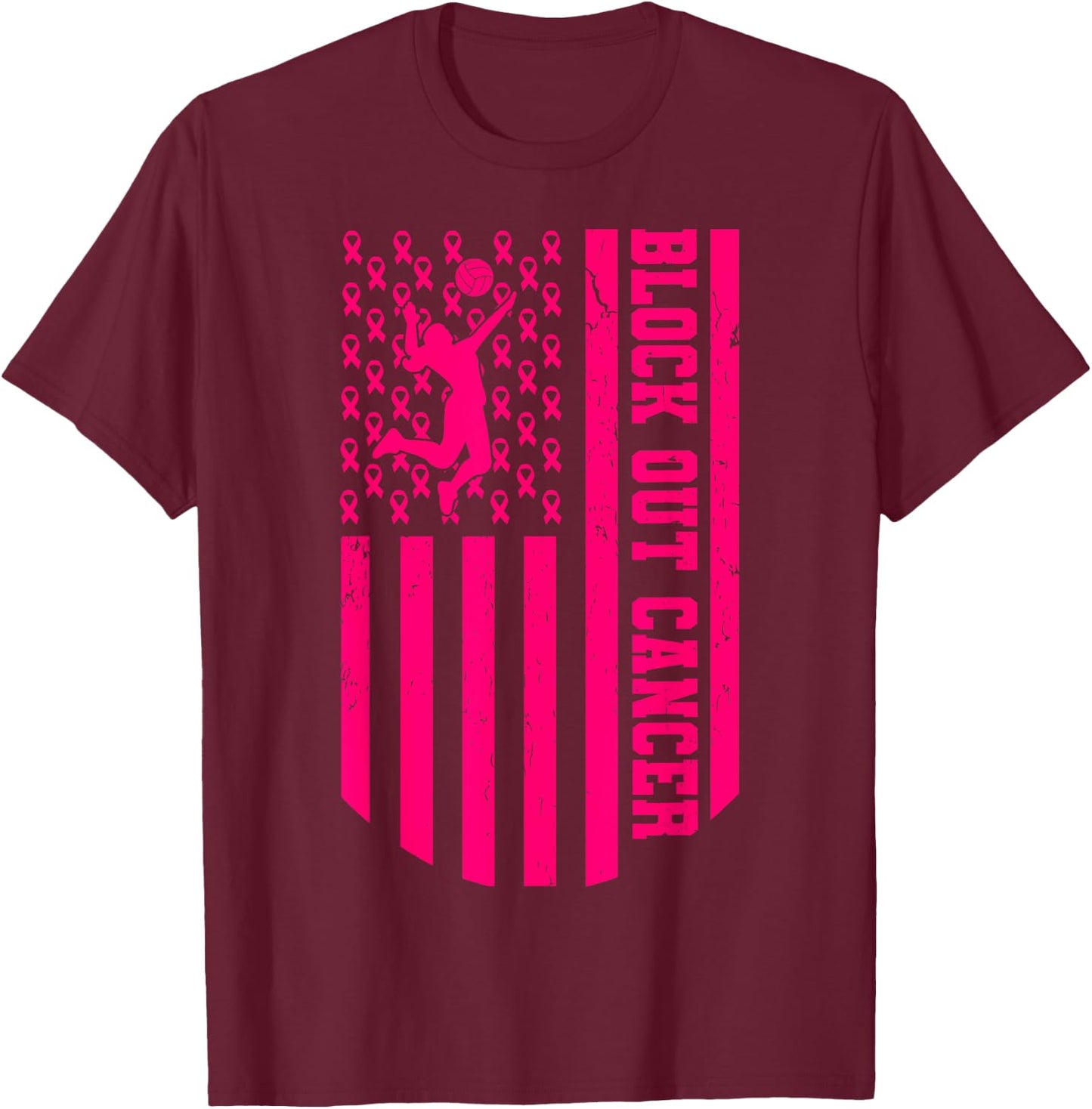 Volleyball Breast Cancer Awareness Block Out Cancer T-Shirt - T-Shirt | Maroon