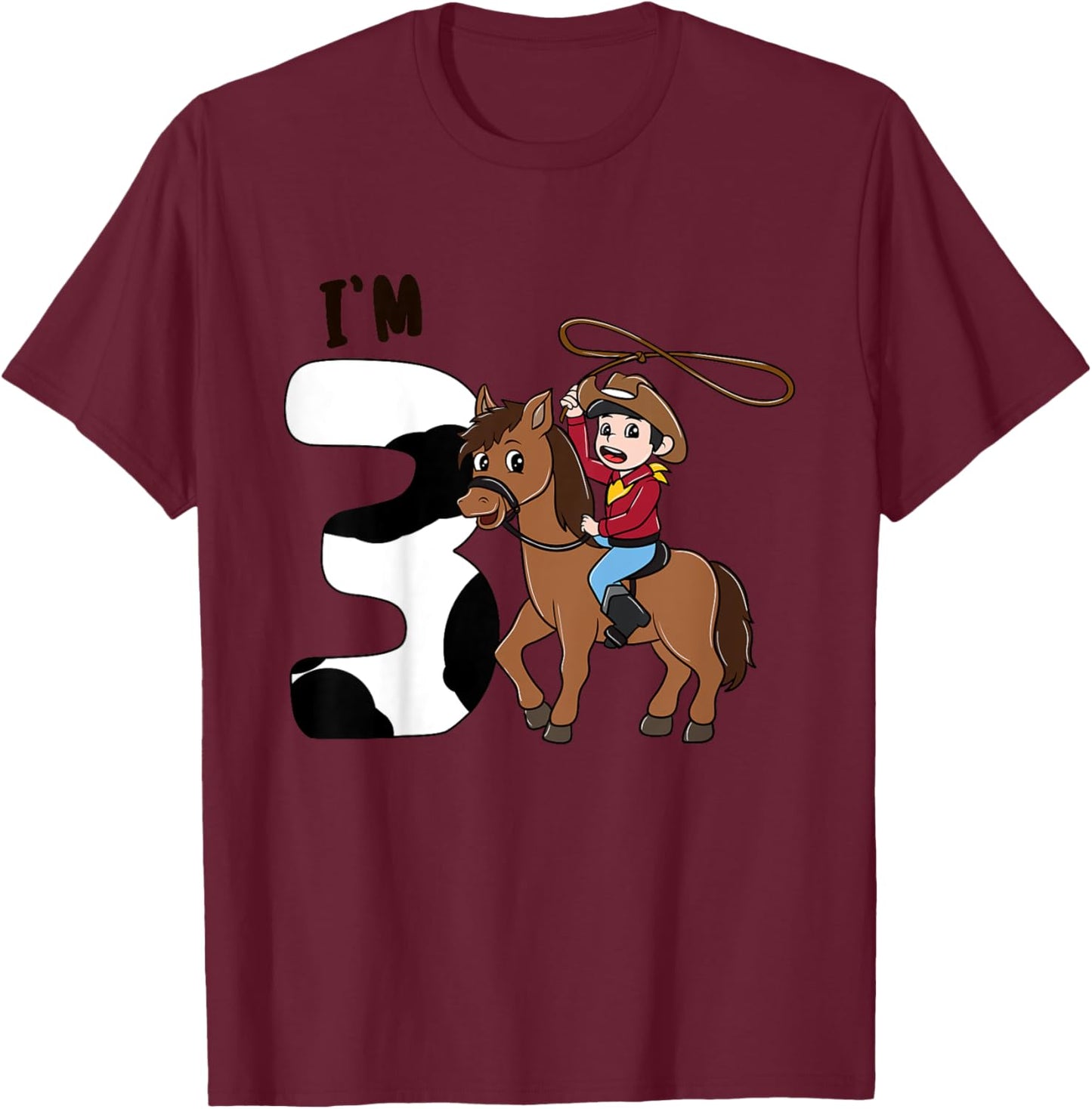 Kids I'm 3 Cute Horse Riding Cowboy 3rd Birthday Boys T-Shirt - T-Shirt | Maroon