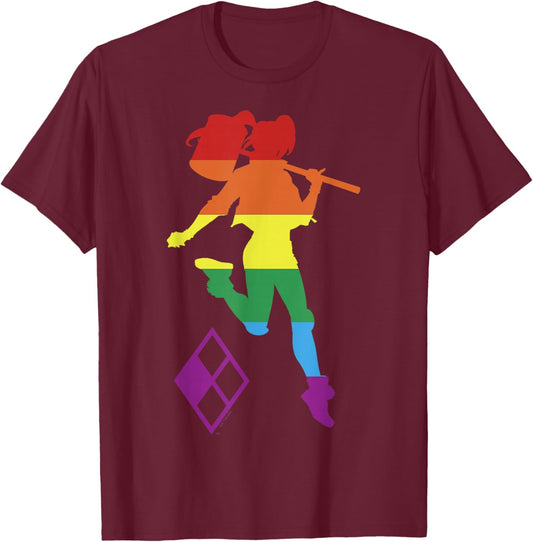 DC Comics Pride Justice League Harley Quinn Rainbow Stripe T-Shirt - T-Shirt | Maroon