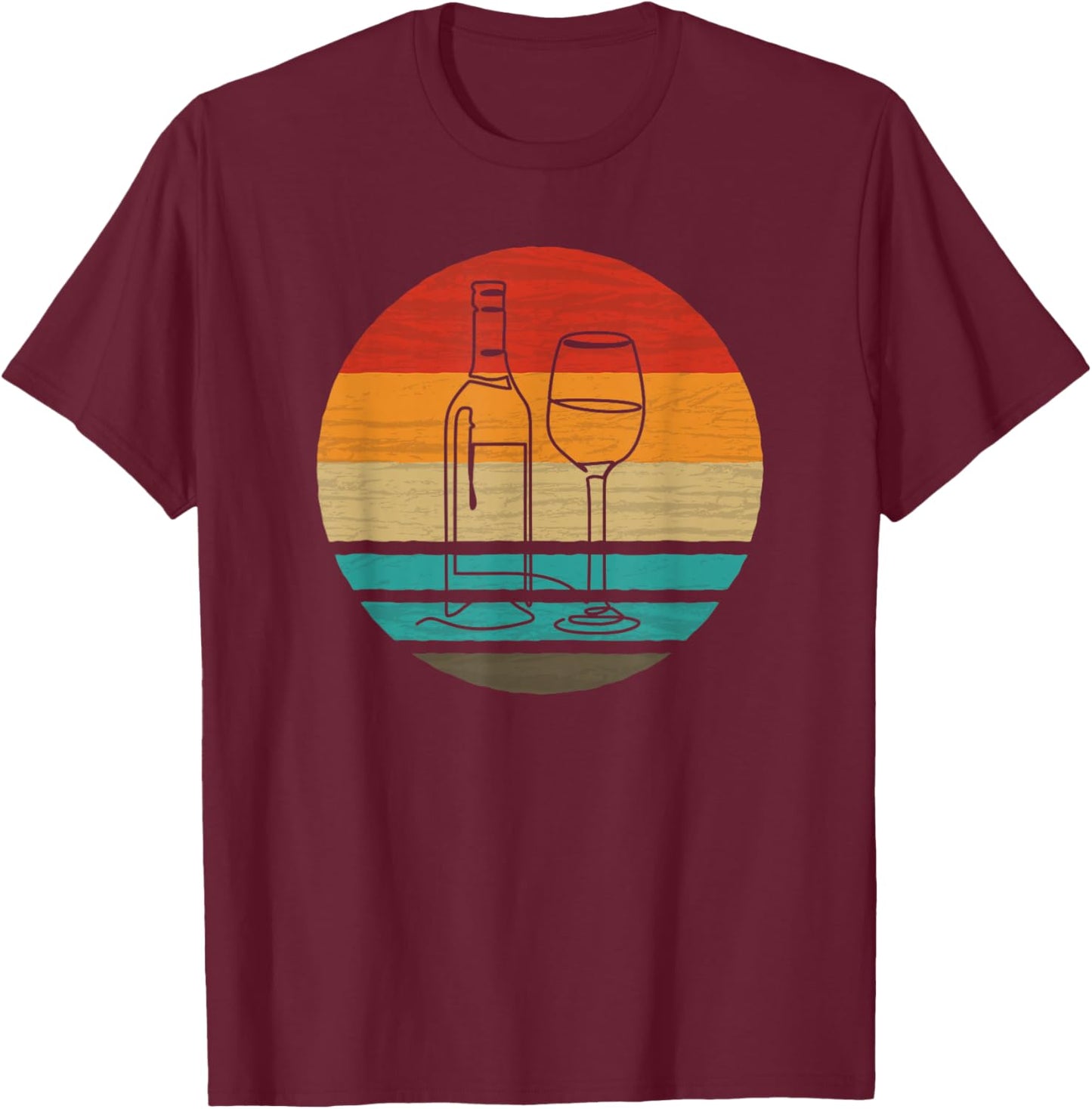 Wine Bottle Glass Line Art Retro Style Vintage T-Shirt - T-Shirt | Maroon