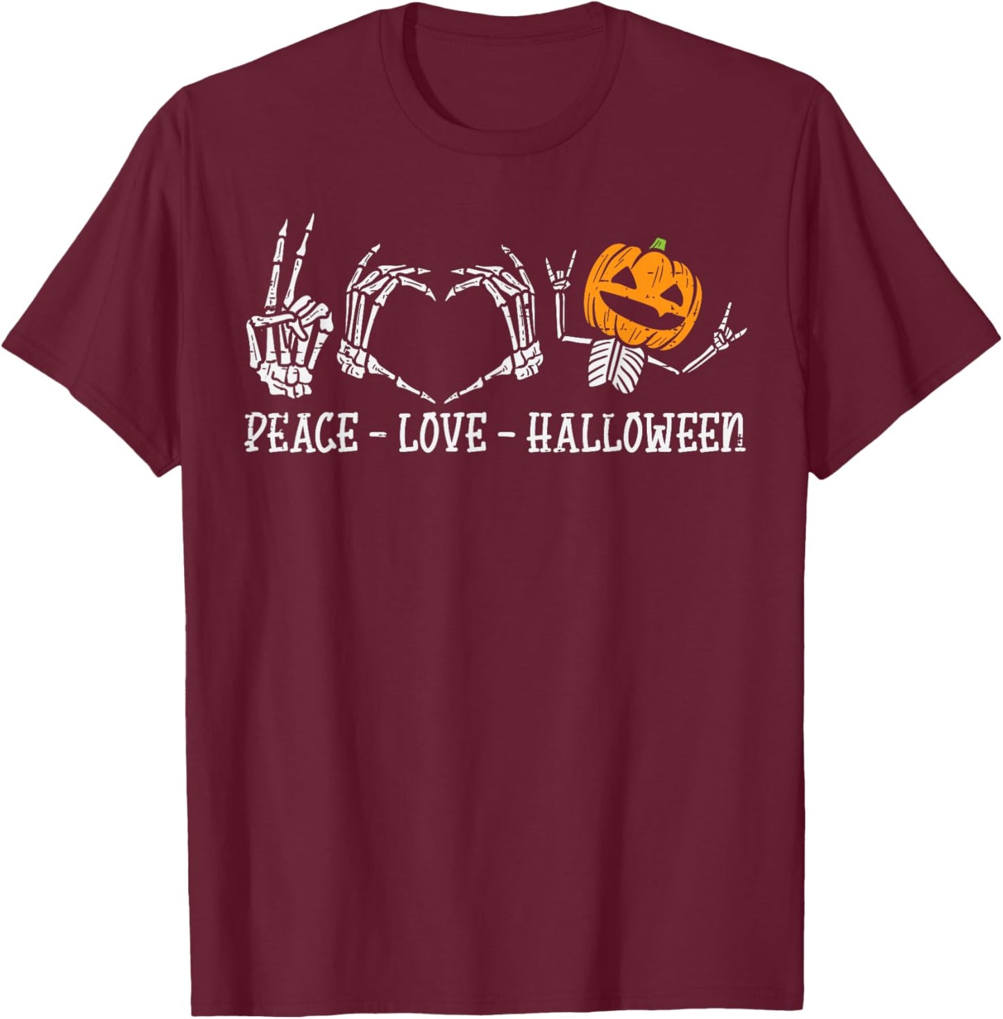 Skeleton Peace Love Pumpkin Funny Halloween Men Women Kids T-Shirt - T-Shirt | Maroon