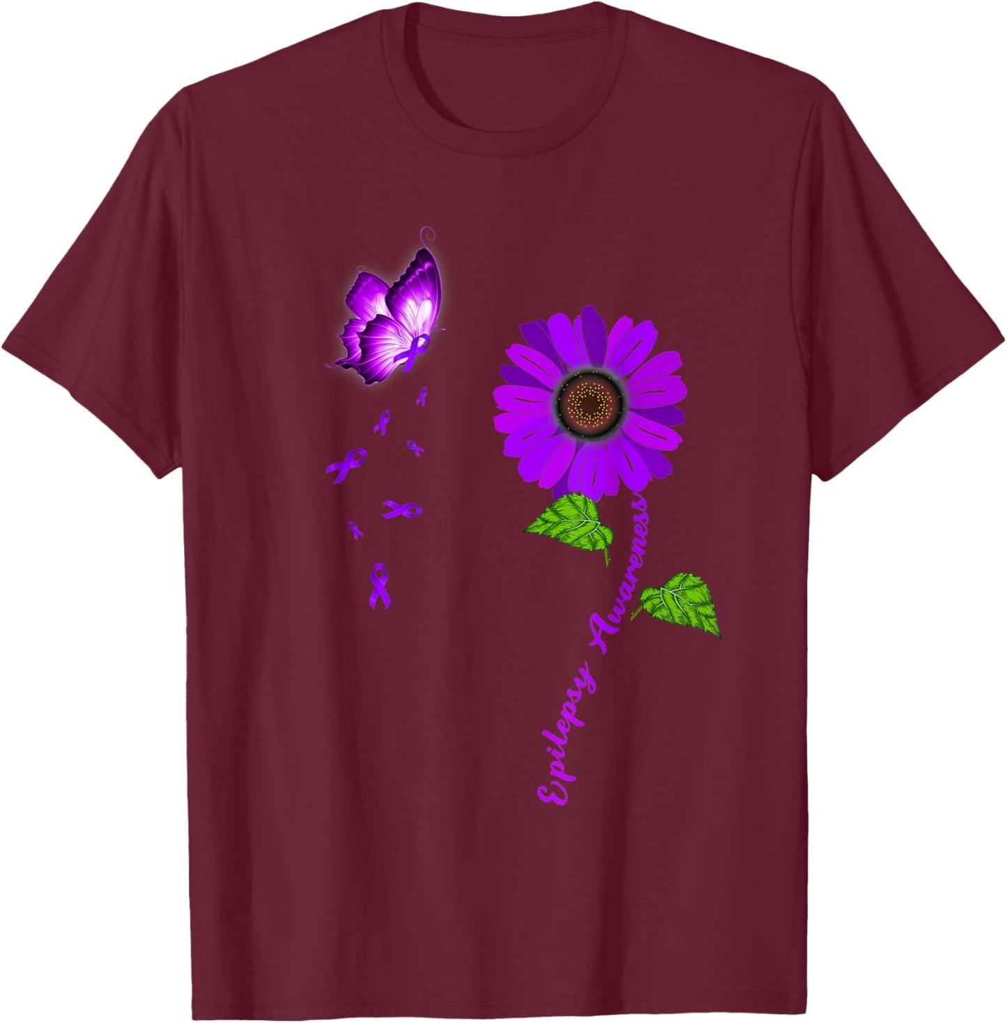 Epilepsy Awareness Purple Butterfly Sunflower Ribbon T-Shirt - T-Shirt | Maroon