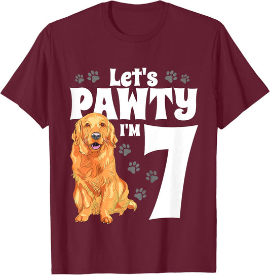 7 Year Old Golden Retriever Dog Birthday Pawty Dogs 7th Gift T-Shirt - T-Shirt | Maroon