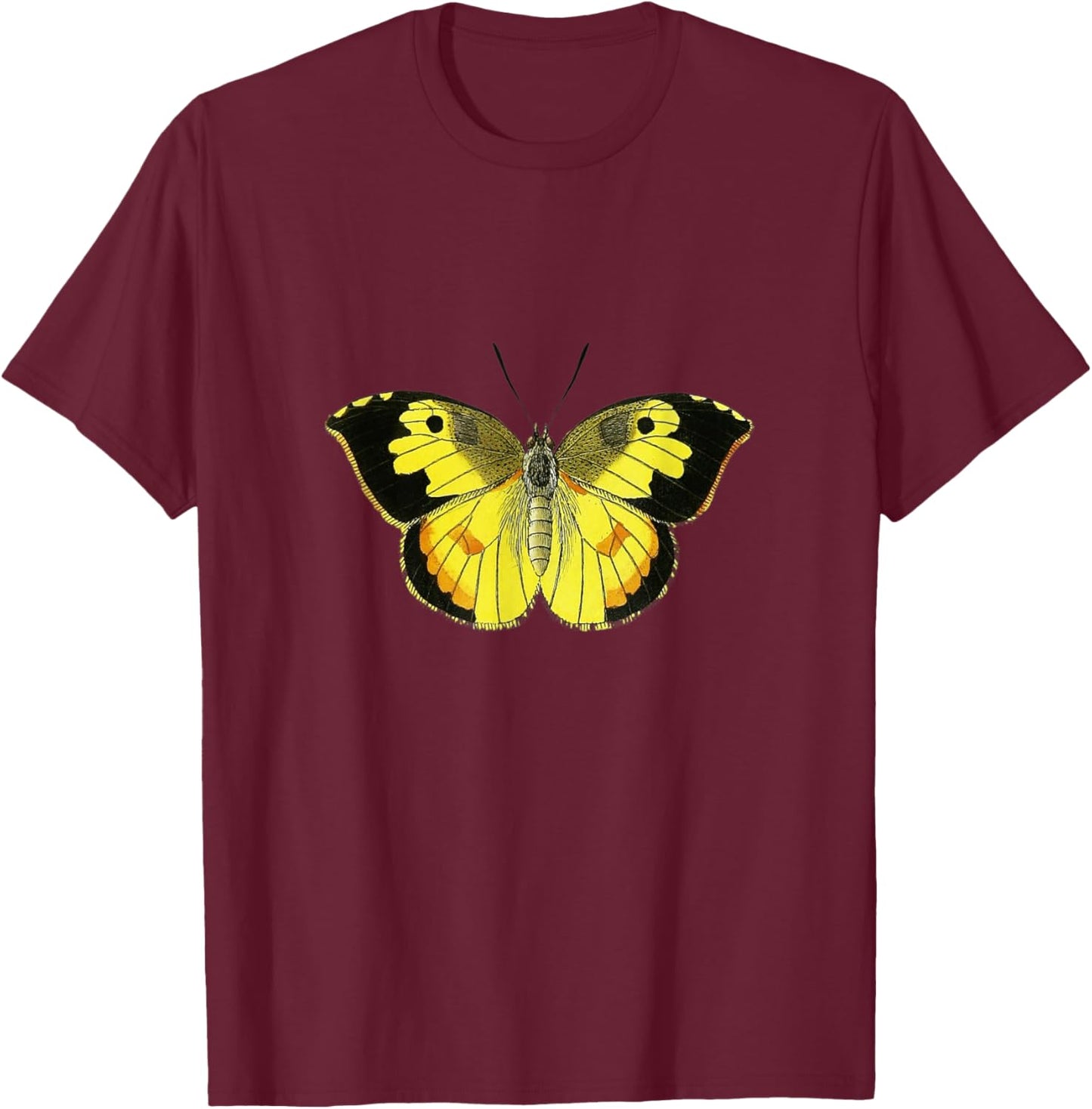 Colorful black and yellow butterfly. T-Shirt - T-Shirt | Maroon