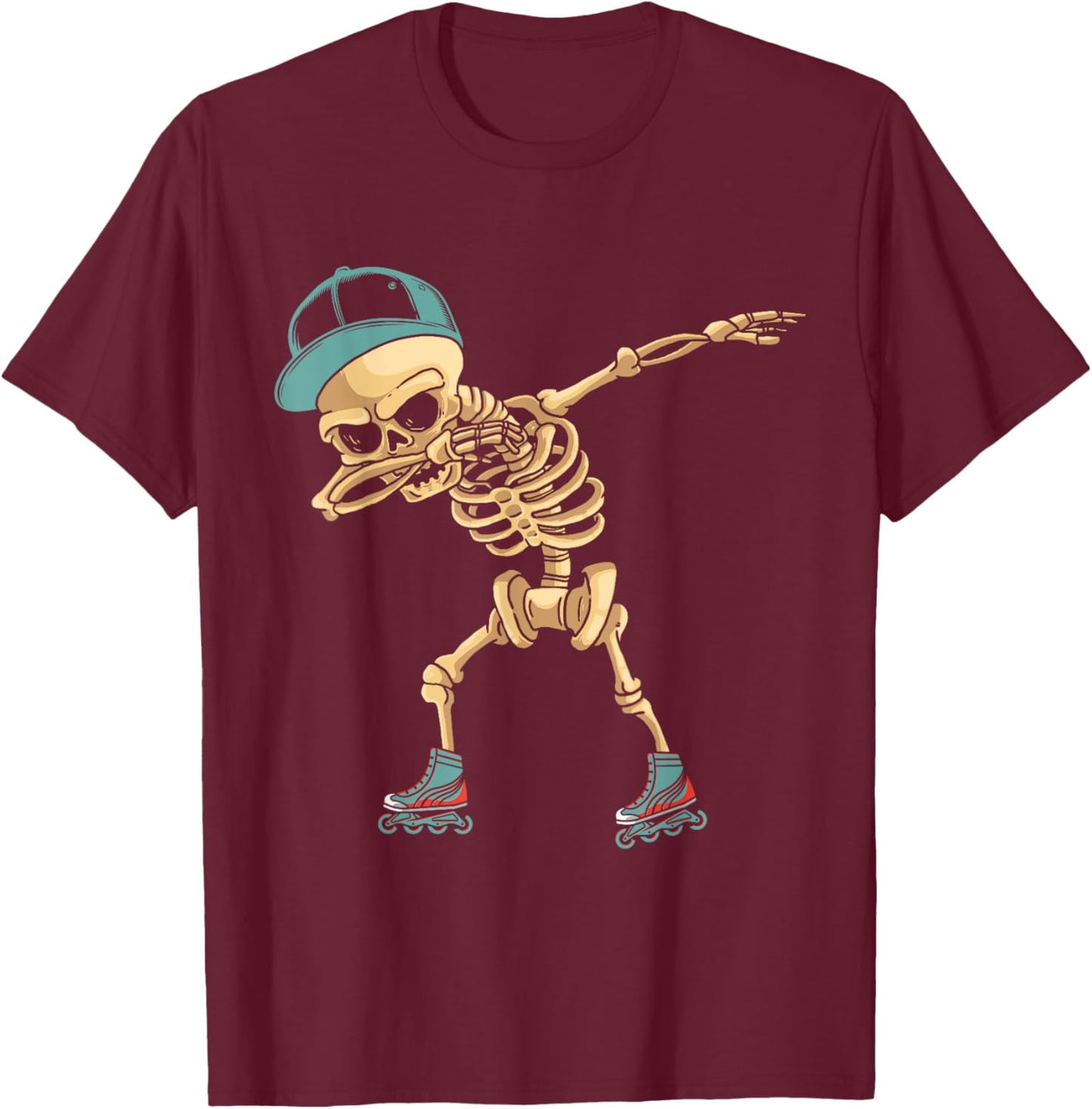 Dabbing Dab Skeleton Roller Blades Skating Blades Fun T-Shirt - T-Shirt | Maroon