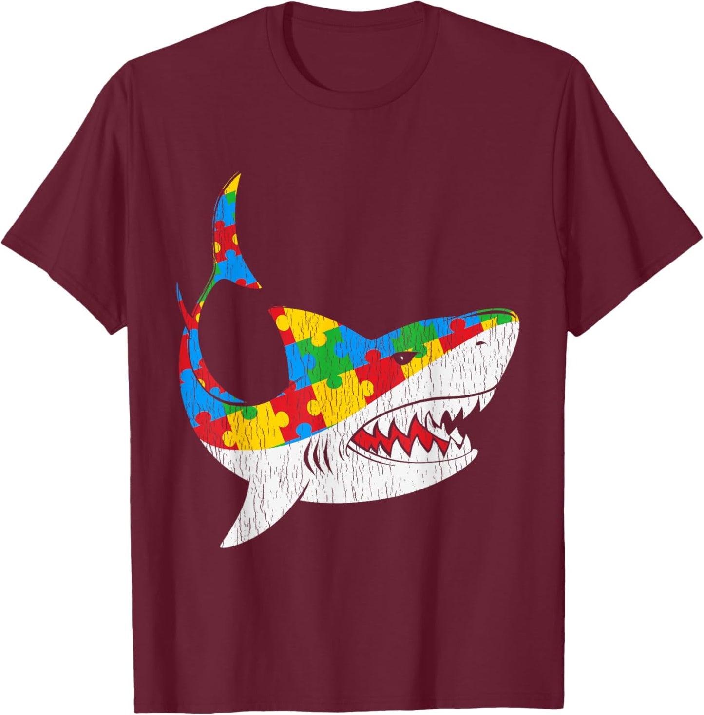 Vintage Shark Puzzle Autistic Kids Autism Awareness Shark T-Shirt - T-Shirt | Maroon