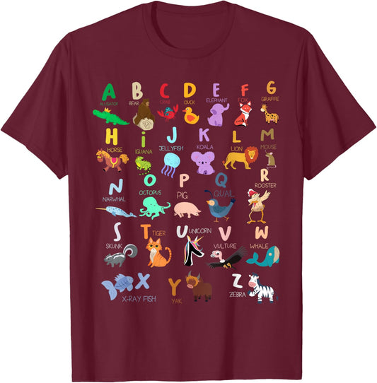Alphabet Animal ABC Alligator Bear Crab Duck Elephant Fox T-Shirt - T-Shirt | Maroon