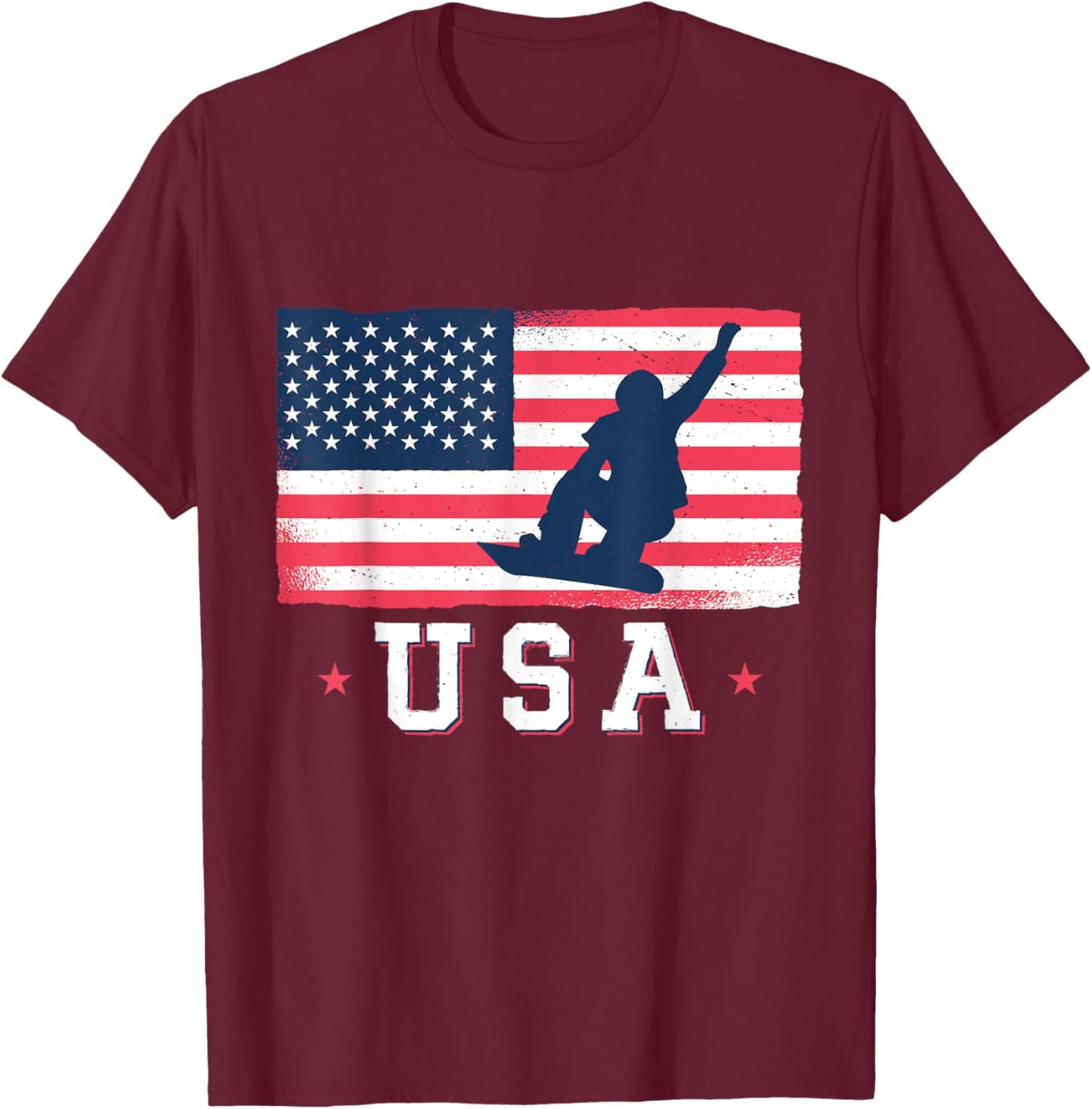 Snowboarding USA American Flag Snowboard Women Kids Men T-Shirt - T-Shirt | Maroon