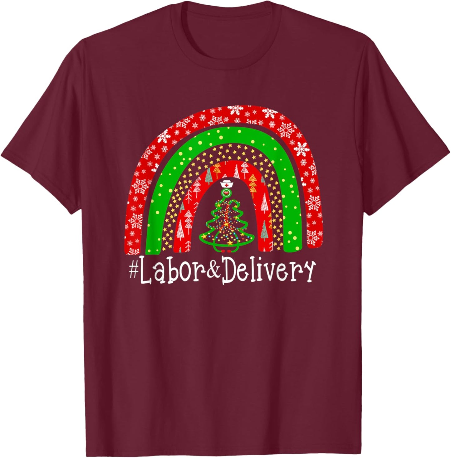 Christmas Labor Delivery Nurse Cute Rainbow L&D Nursing T-Shirt - T-Shirt | Maroon