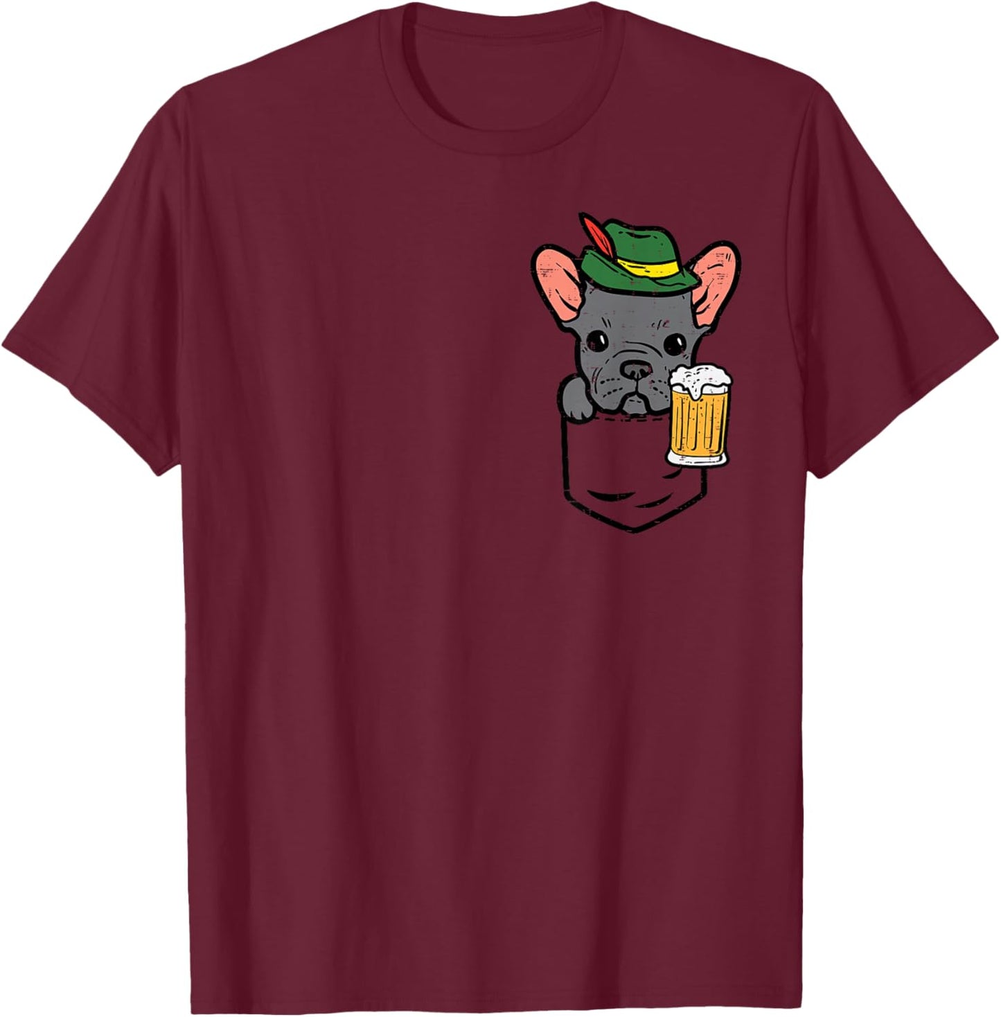 Pocket French Bulldog German Hat Oktoberfest Frenchie Dog T-Shirt - T-Shirt | Maroon