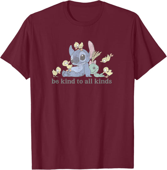 Disney Lilo & Stitch With Ducks Be Kind To All Kinds T-Shirt - T-Shirt | Maroon