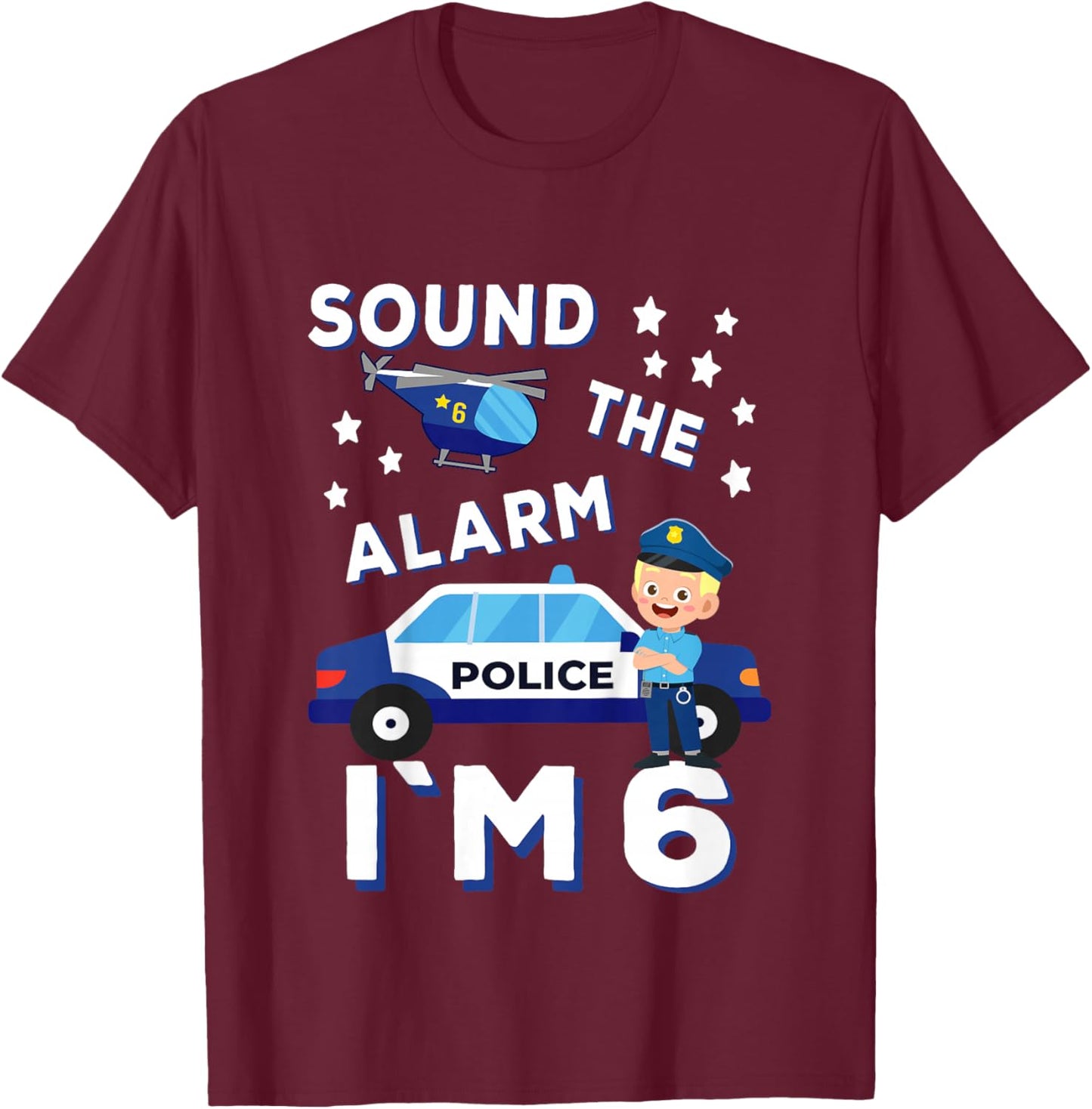Birthday Police Fire Emergency Vehicles Kids Gifts Kids Police Car 6th Birthday Party Boys T-Shirt - T-Shirt | Maroon