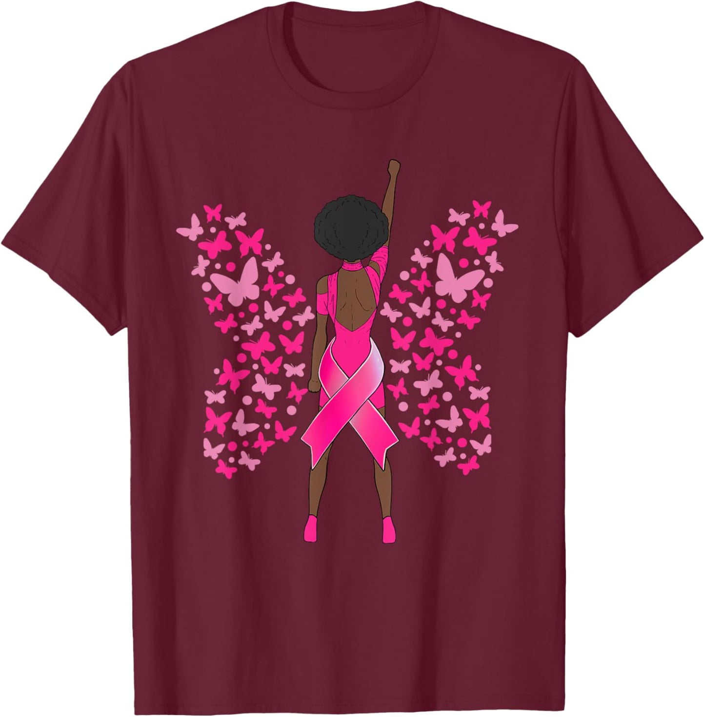 Breast Cancer Awareness Pink Butterflies African American T-Shirt - T-Shirt | Maroon