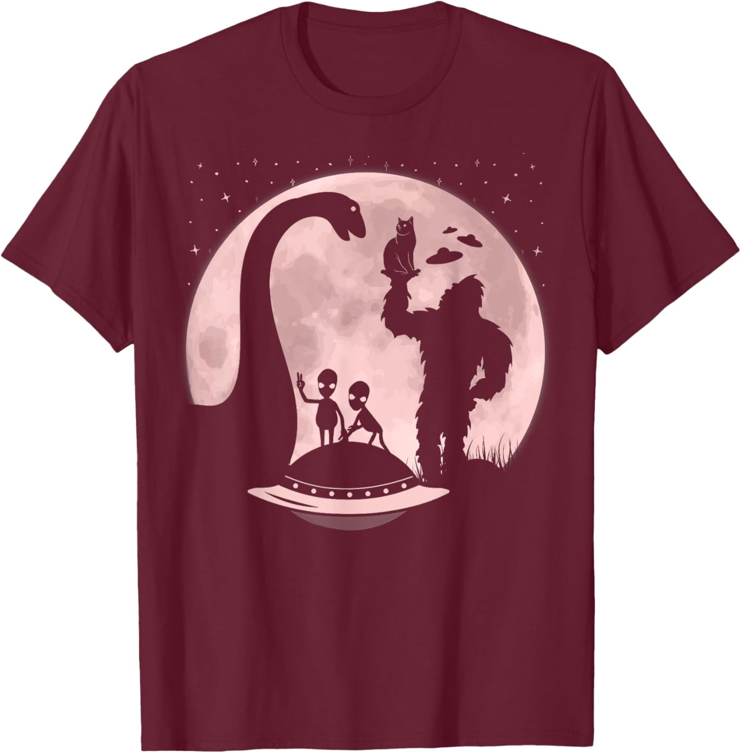 Bigfoot Loch Ness Monster Sasquatch Cat Ufo Funny Aliens Women Kids T-Shirt - T-Shirt | Maroon