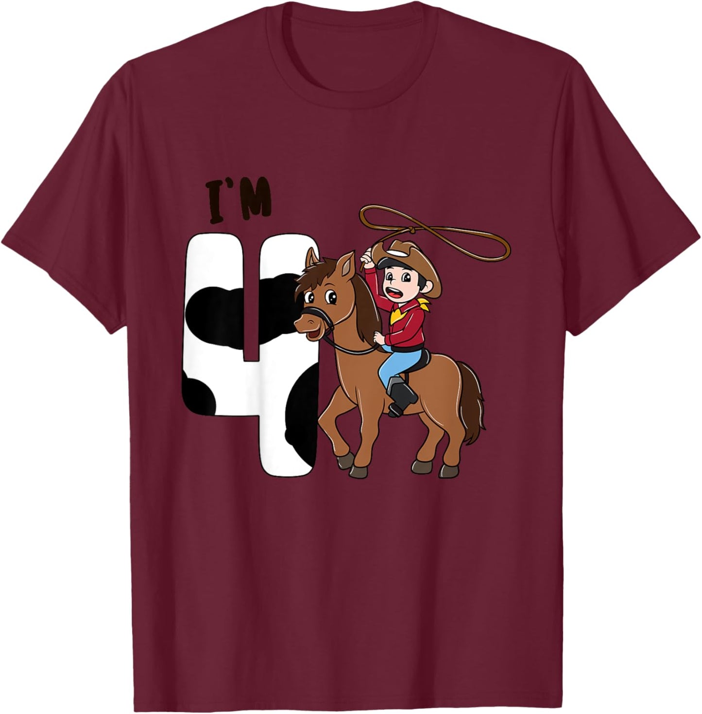 Kids I'm 4 Cute Horse Riding Cowboy 4th Birthday Boys T-Shirt - T-Shirt | Maroon