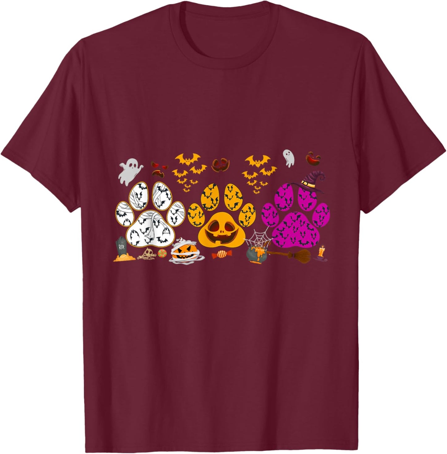 Funny Paw Print Halloween Dog Candy Pumpkin Ghost Dog Lovers T-Shirt - T-Shirt | Maroon