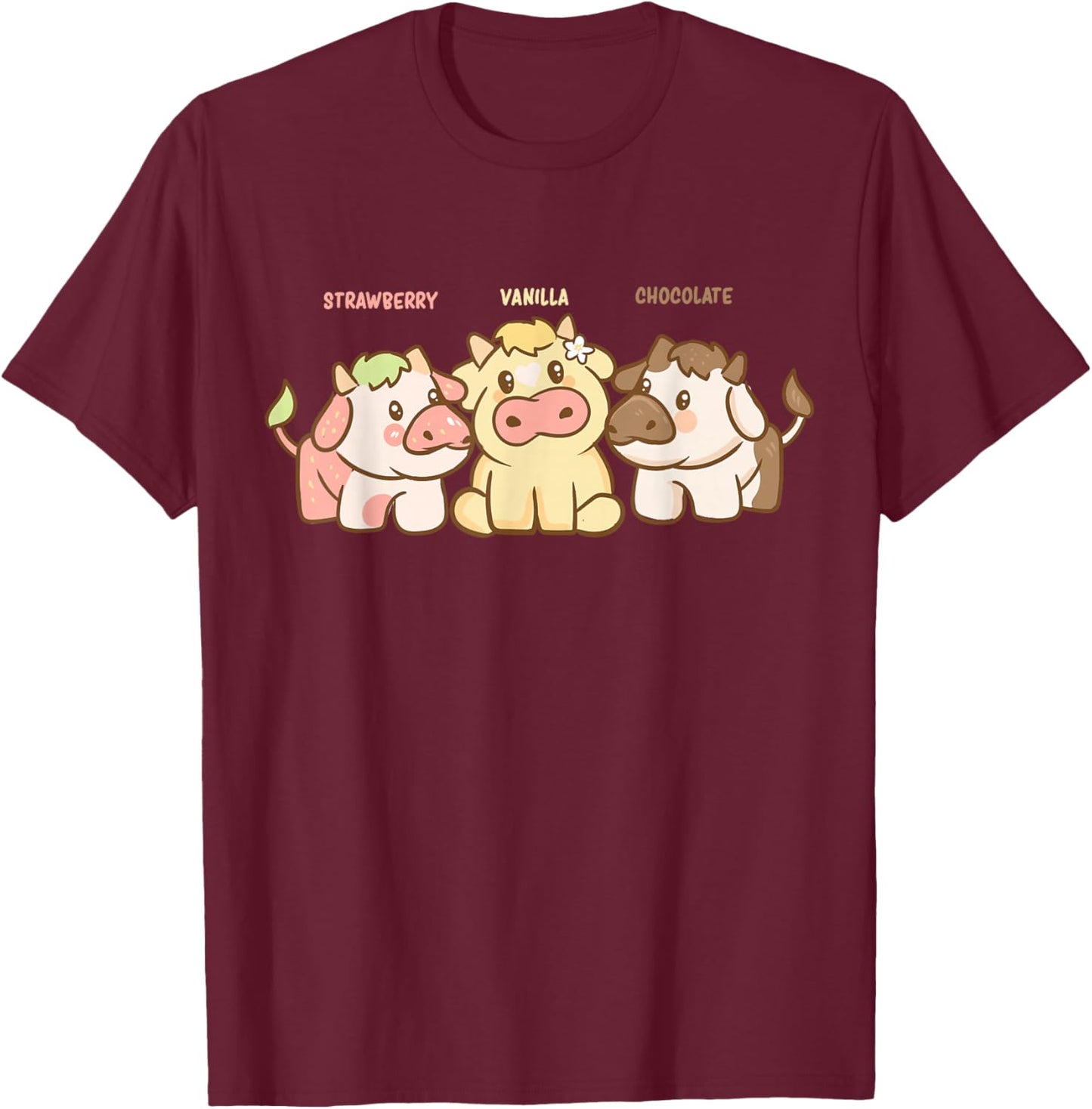 Cute Kawaii Anime - Strawberry Chocolate Vanilla Cows - Cow T-Shirt - T-Shirt | Maroon