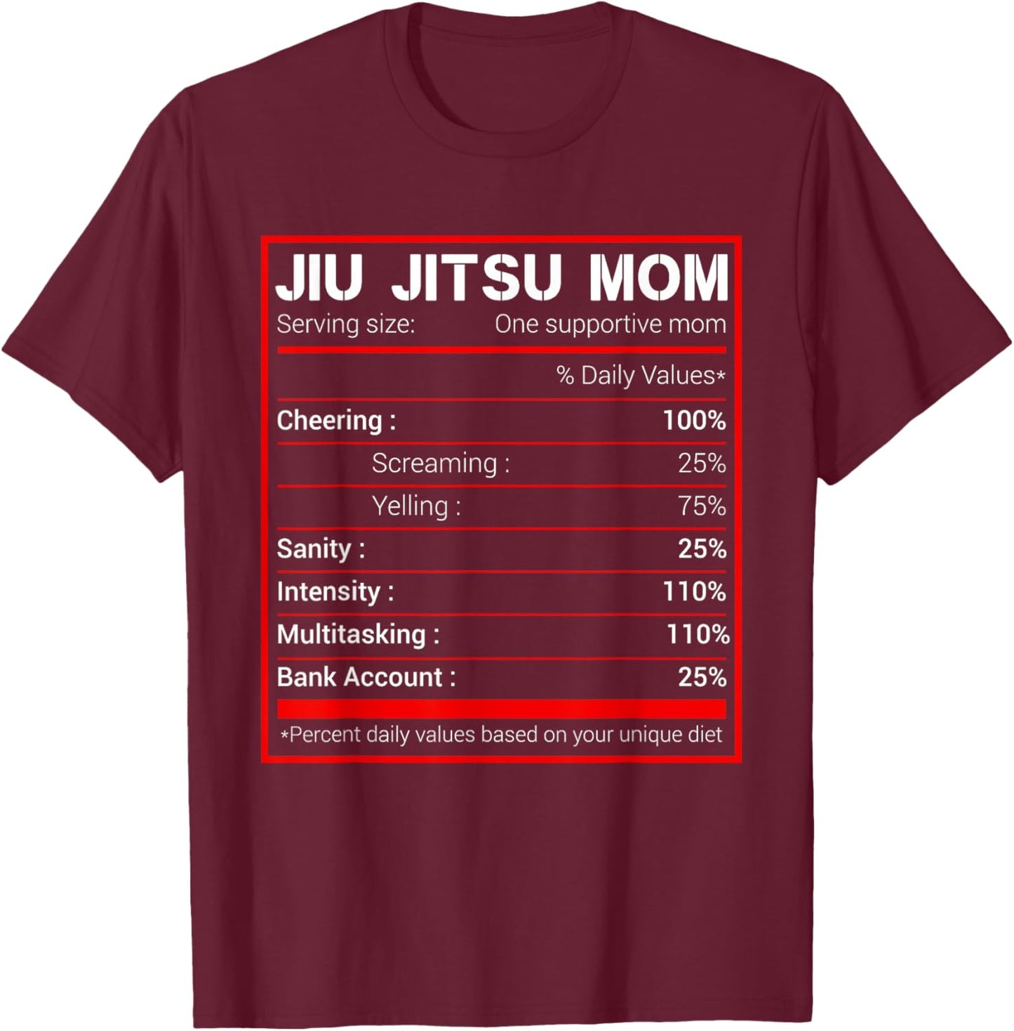 Brazilian Jiu Jitsu Mom Nutritional Facts BJJ MMA T-Shirt - T-Shirt | Maroon