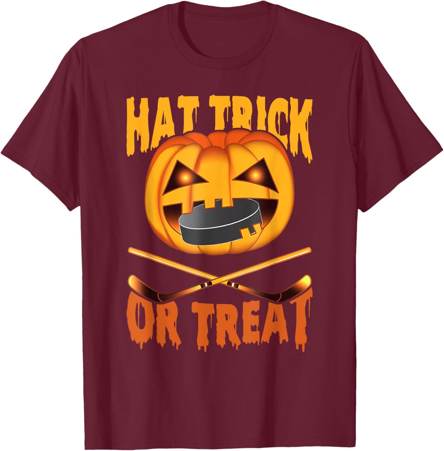 Hat Trick Or Treat Hockey Halloween T-Shirt - T-Shirt | Maroon