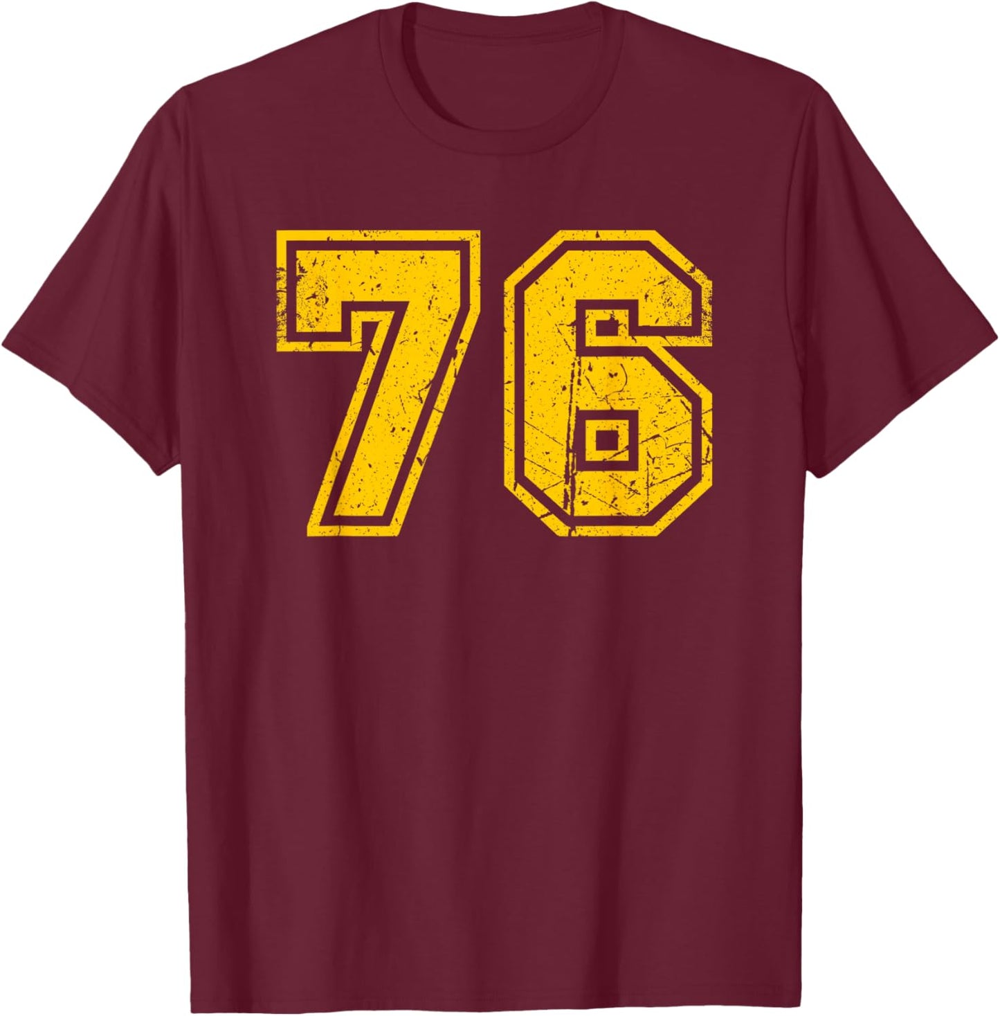 Vintage Number #76 Sports Team Yellow Number T-Shirt - T-Shirt | Maroon