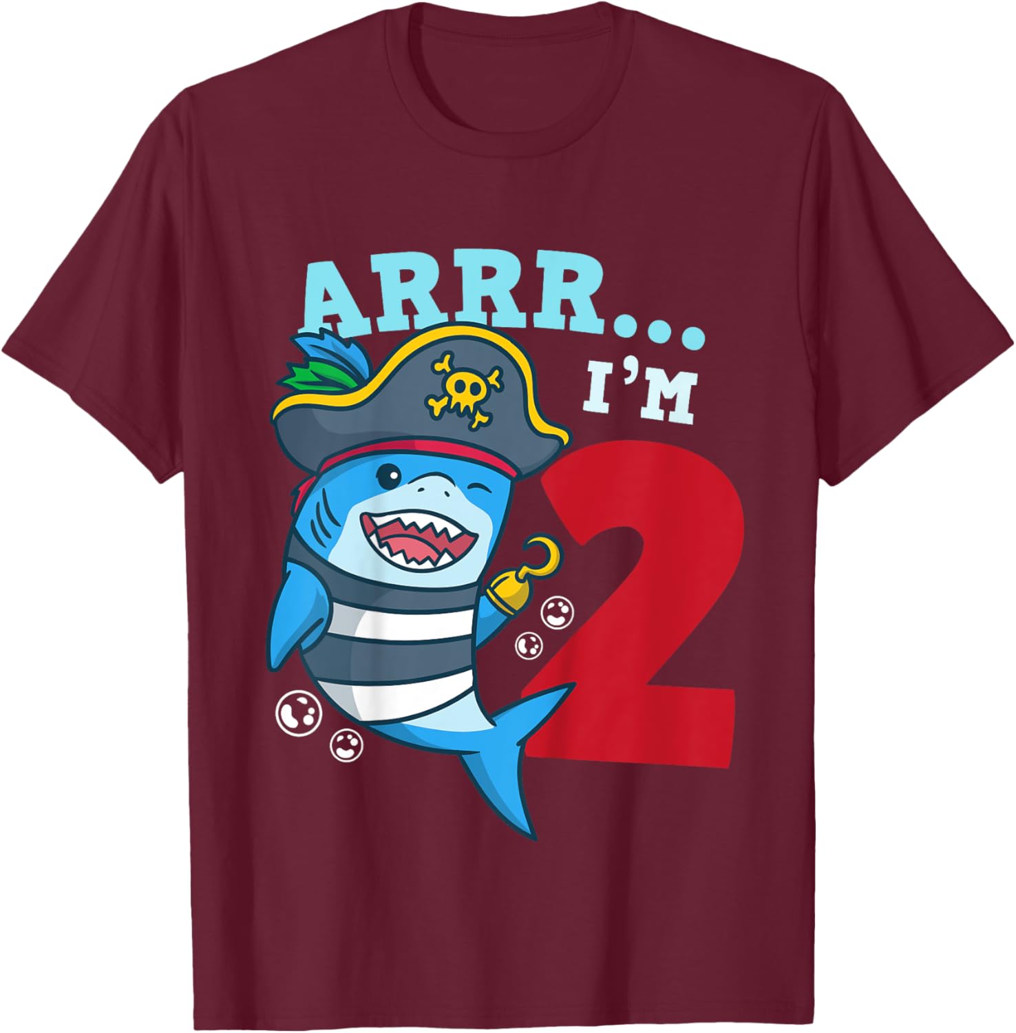 Kids 2nd Birthday Pirate Shark I’m 2 Two Years Old Gift T-Shirt - T-Shirt | Maroon