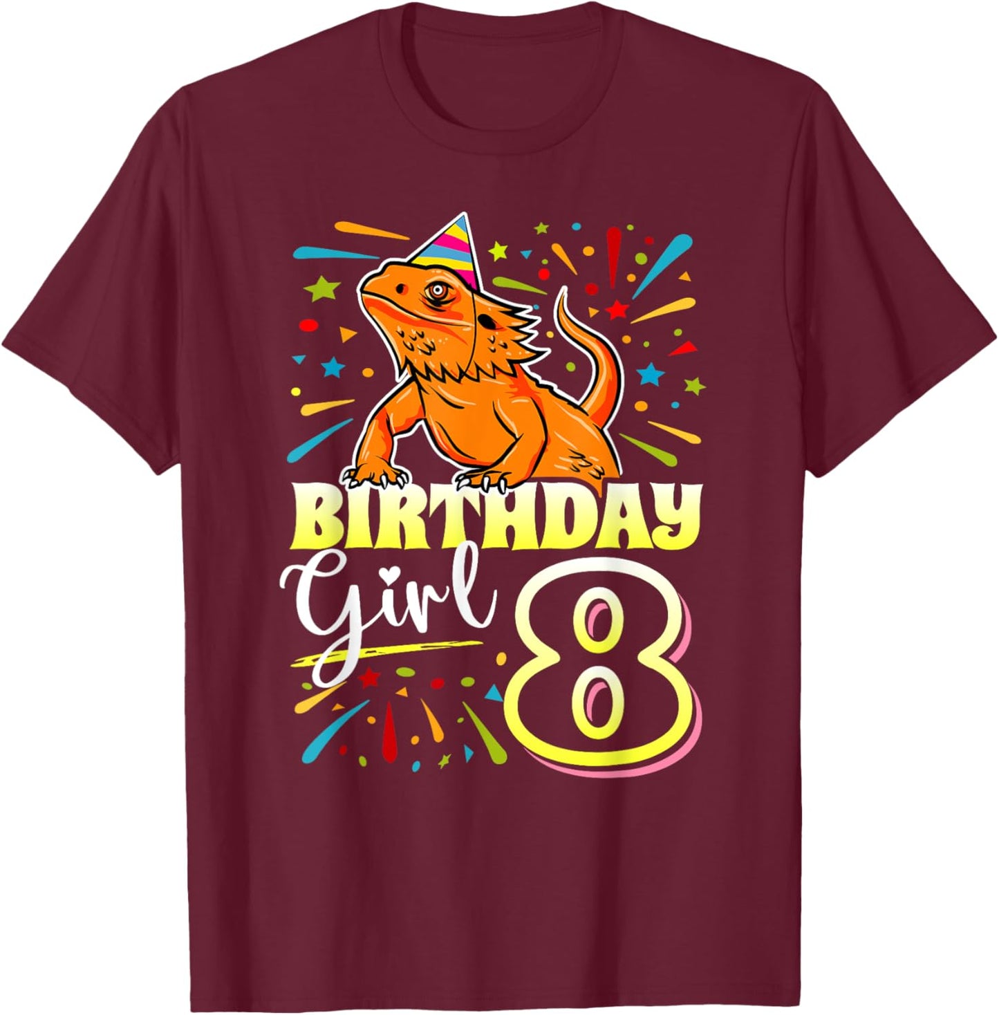Bearded Dragon Lizard Kids 8th Birthday - 8 Year Old Girl T-Shirt - T-Shirt | Maroon