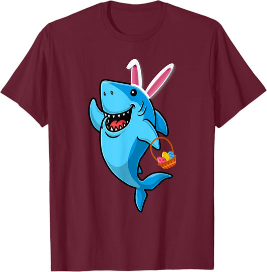 Cute Shark with Easter Basket and Bunny Ears Happy Easter T-Shirt - T-Shirt | Maroon