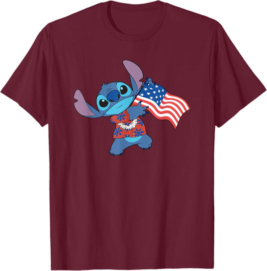 Disney Lilo & Stitch Tropical Stitch American Flag T-Shirt - T-Shirt | Maroon