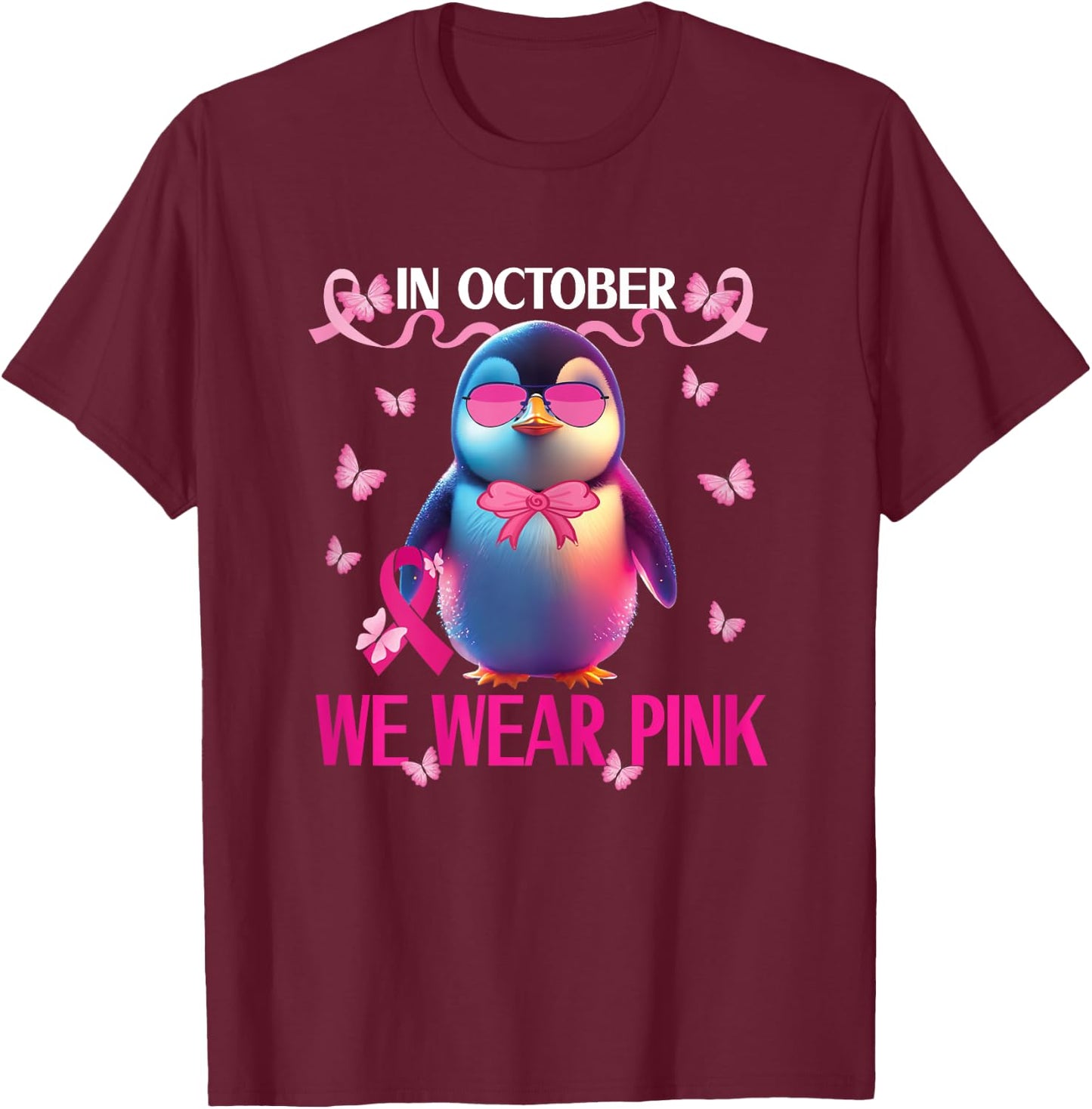 Girls Breast Cancer Awareness for Toddlers Kids Penguin T-Shirt - T-Shirt | Maroon