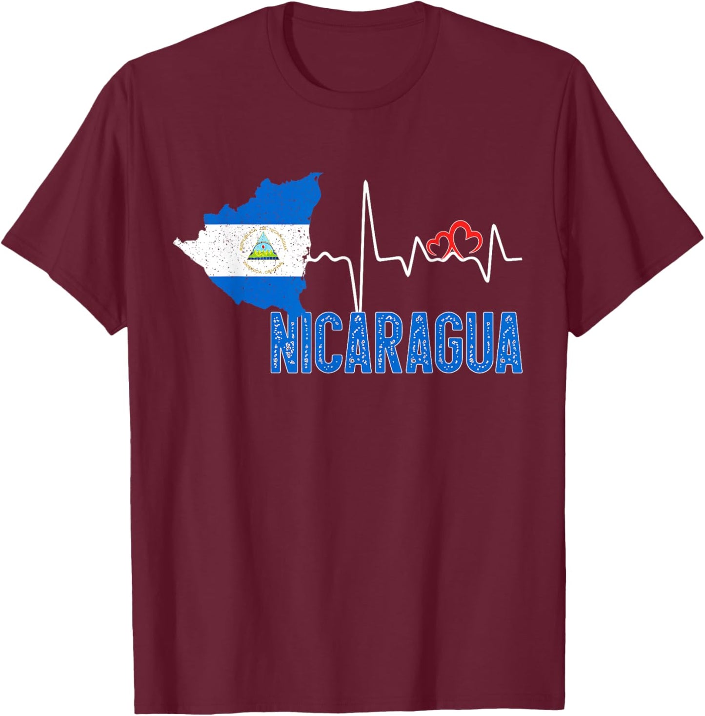 Nicaragua Flag Map Heartbeat for Nicaraguan Pride T-Shirt - T-Shirt | Maroon