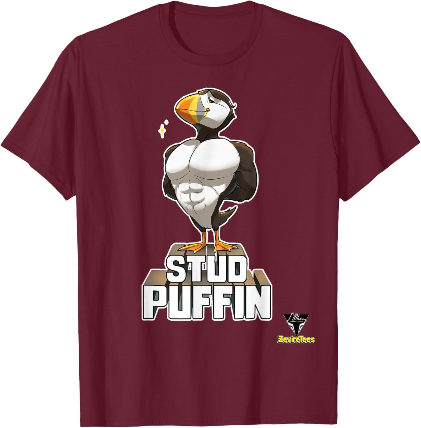 ZevireTees Stud Puffin - Men's -Adults Black Cotton 100% - Small - Short Sleeve - Studded, Unique Fabric Blend T-Shirt - T-Shirt | Maroon
