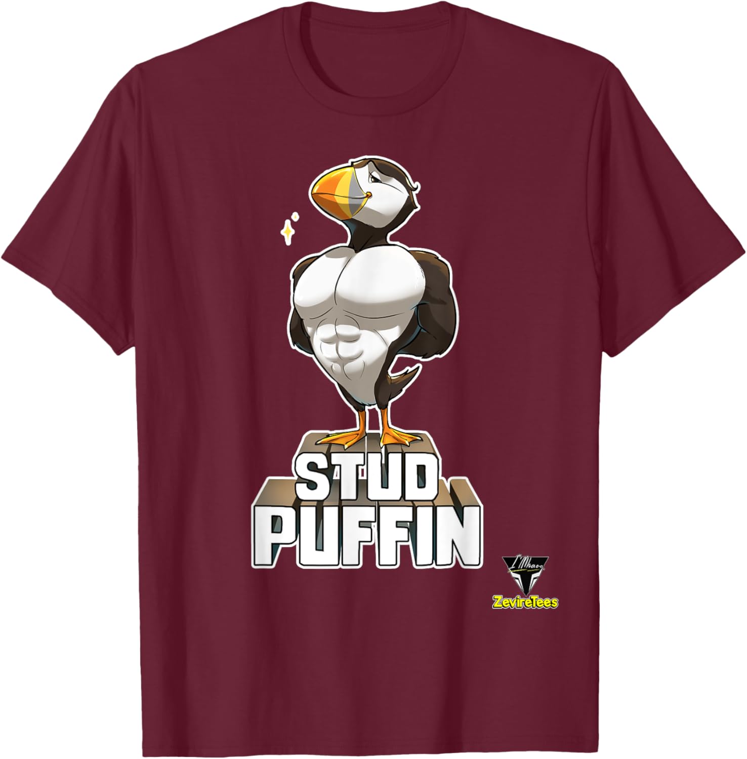 ZevireTees Stud Puffin - Men's -Adults Black Cotton 100% - Small - Short Sleeve - Studded, Unique Fabric Blend T-Shirt - T-Shirt | Maroon